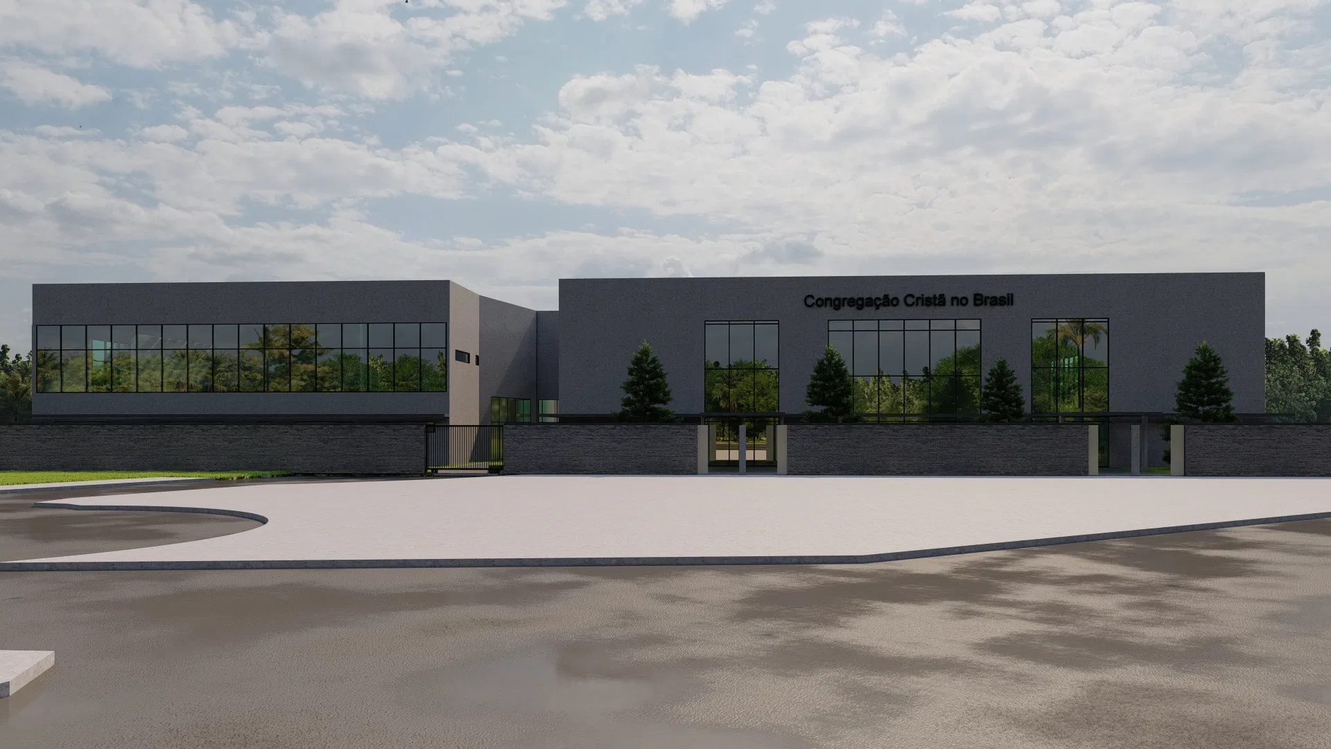 Front elevation with a dark glazed volume and a broad paved forecourt in the foreground under a cloudy sky