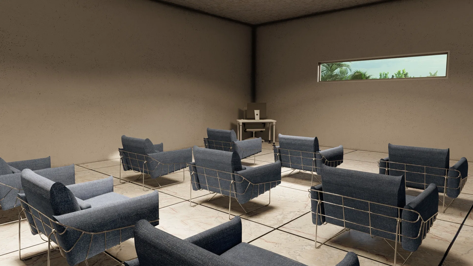 Small-group room with blue metal-framed armchairs arranged in a circle, a small table at the back and a clerestory window to greenery