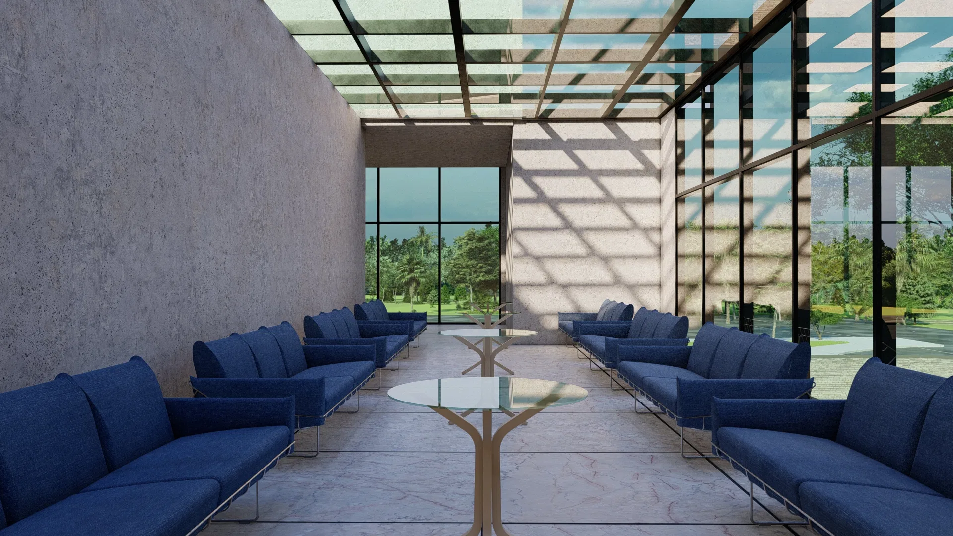 Covered hall where a pergola casts diagonal shadows over marble, lined by two rows of blue sofas and glass tables