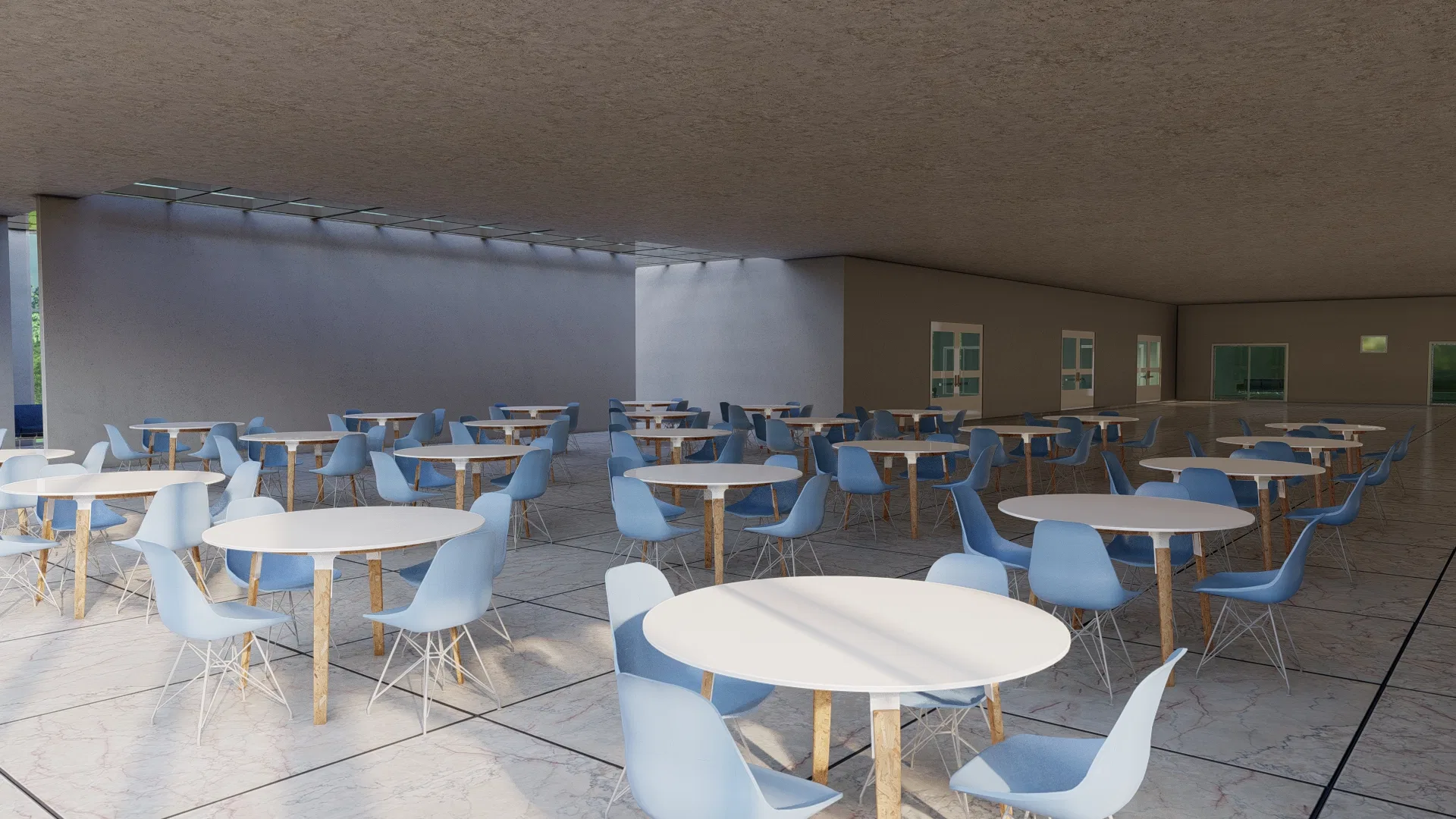 Fellowship hall with round white tables and light-blue chairs on marble, under a covered area with a glazed wall
