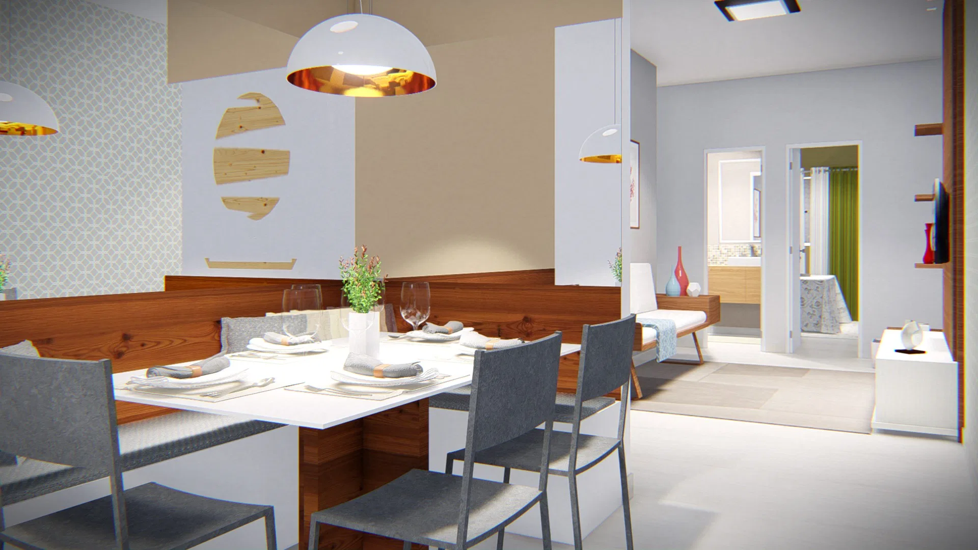 Dining area with a white table, a wood bench along the wall, grey chairs and copper dome pendant lights