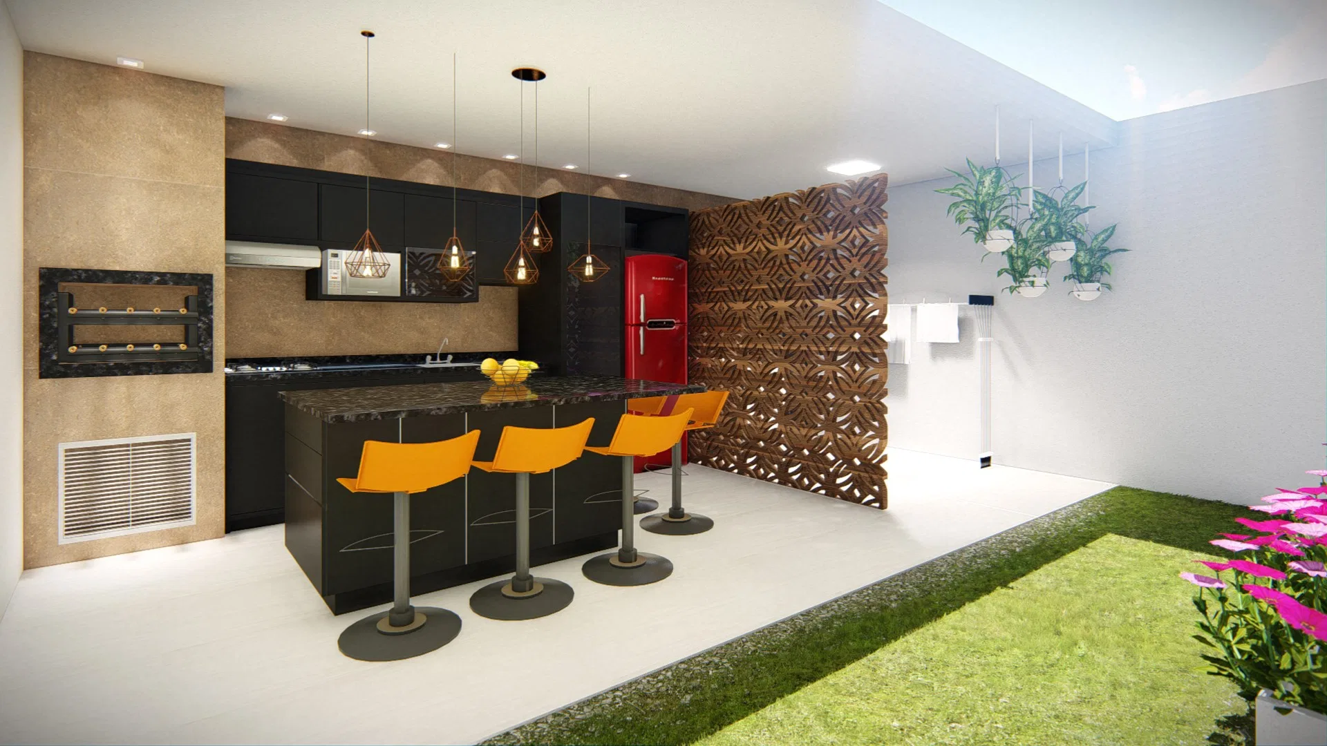 Gourmet area with black cabinets, a dark island and orange stools, a red retro fridge and a lawn alongside