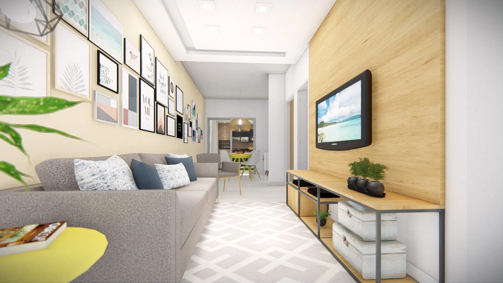 Narrow living room with an L-shaped grey sofa, a framed-print gallery wall and a wood TV panel above an industrial console