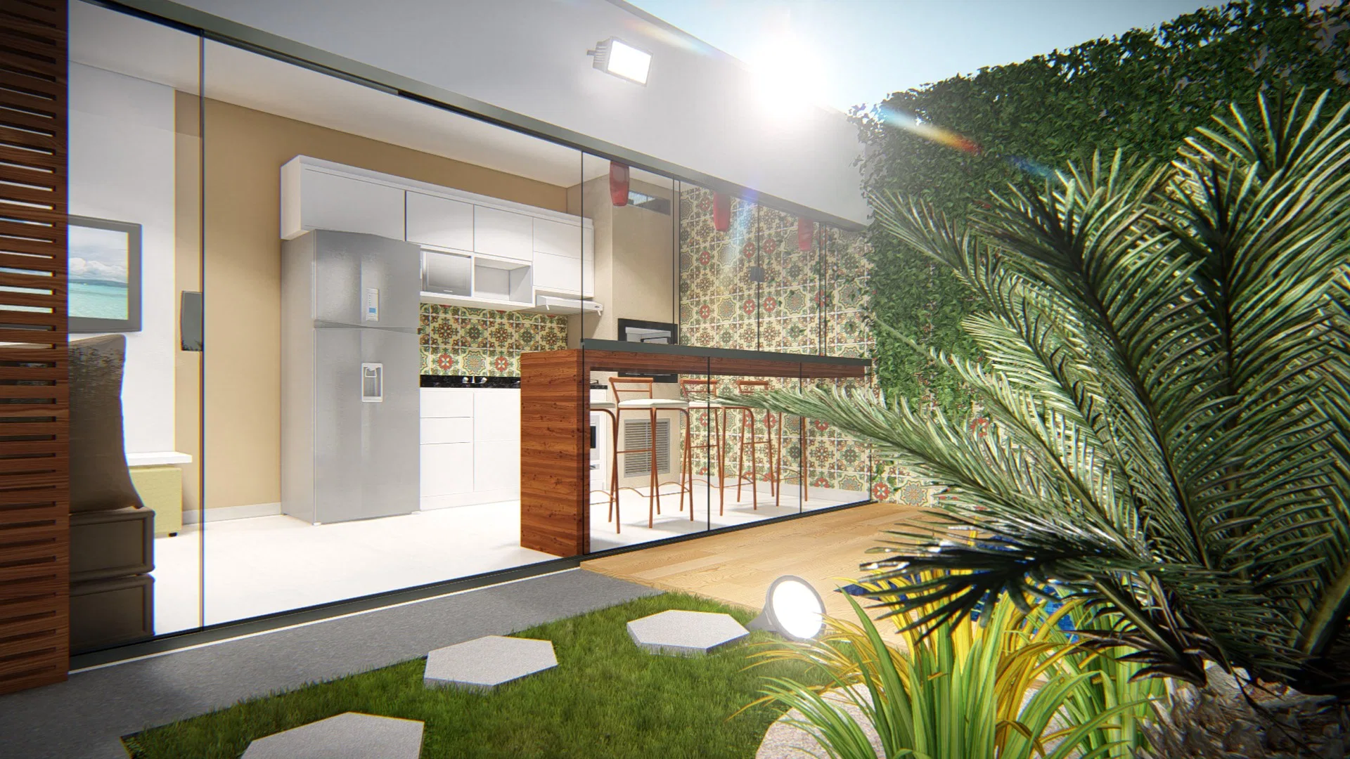Compact kitchen with white cabinetry, a wood breakfast bar and glass doors opening onto a small garden with a palm