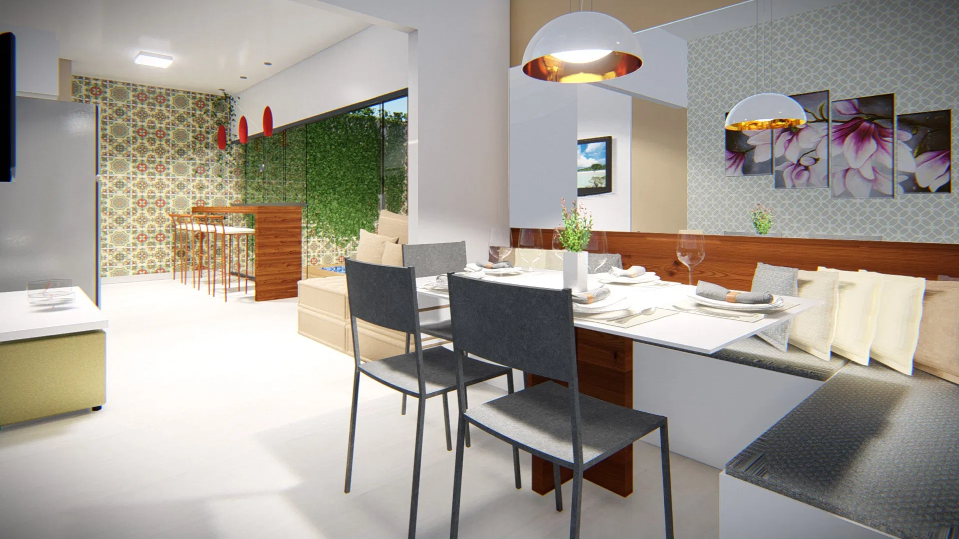 Dining table against a patterned-tile wall and vertical garden, with a wood gourmet counter and stools in the background