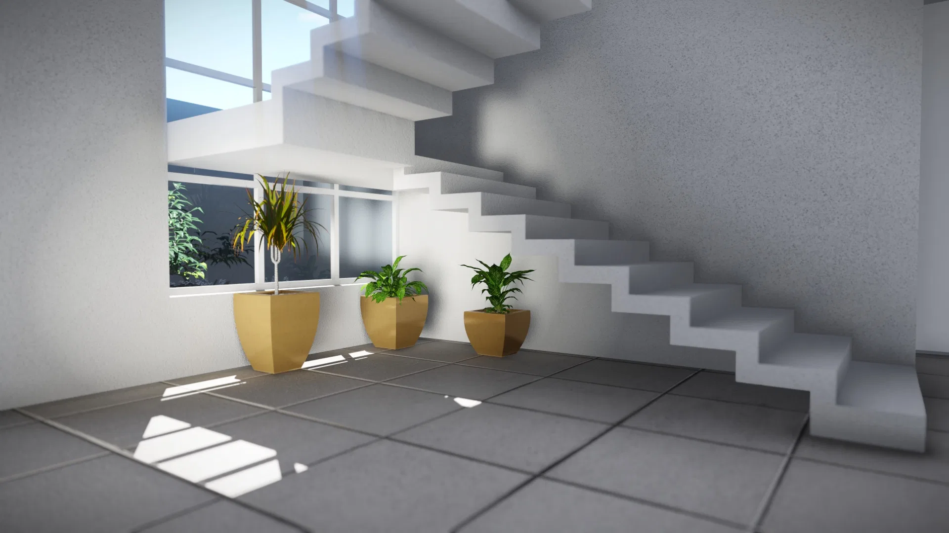 Interior with a sculptural cantilevered staircase, porcelain floor and yellow planters beside a window facing outdoor greenery