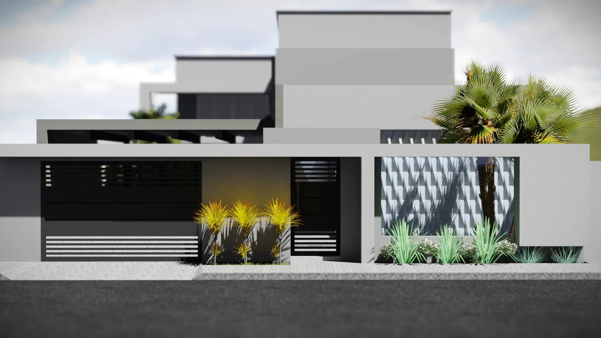 Modern facade of stepped volumes with dark slatted gates, a geometric relief panel and a bed of yellow foliage, agaves and fan palms