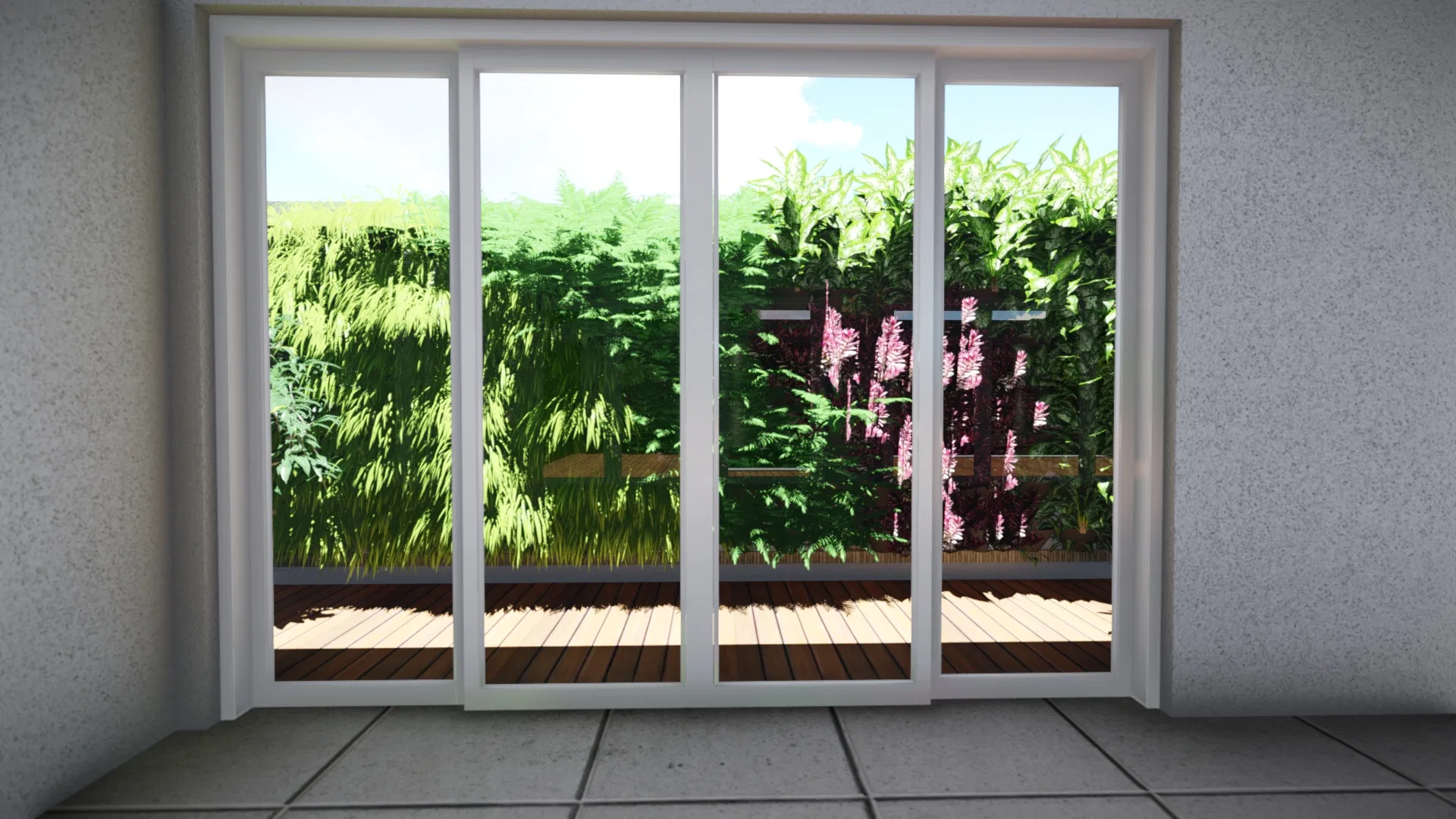 Interior room with a wide sliding door onto a wood deck and a vertical garden of grasses and pink blooms behind a low railing