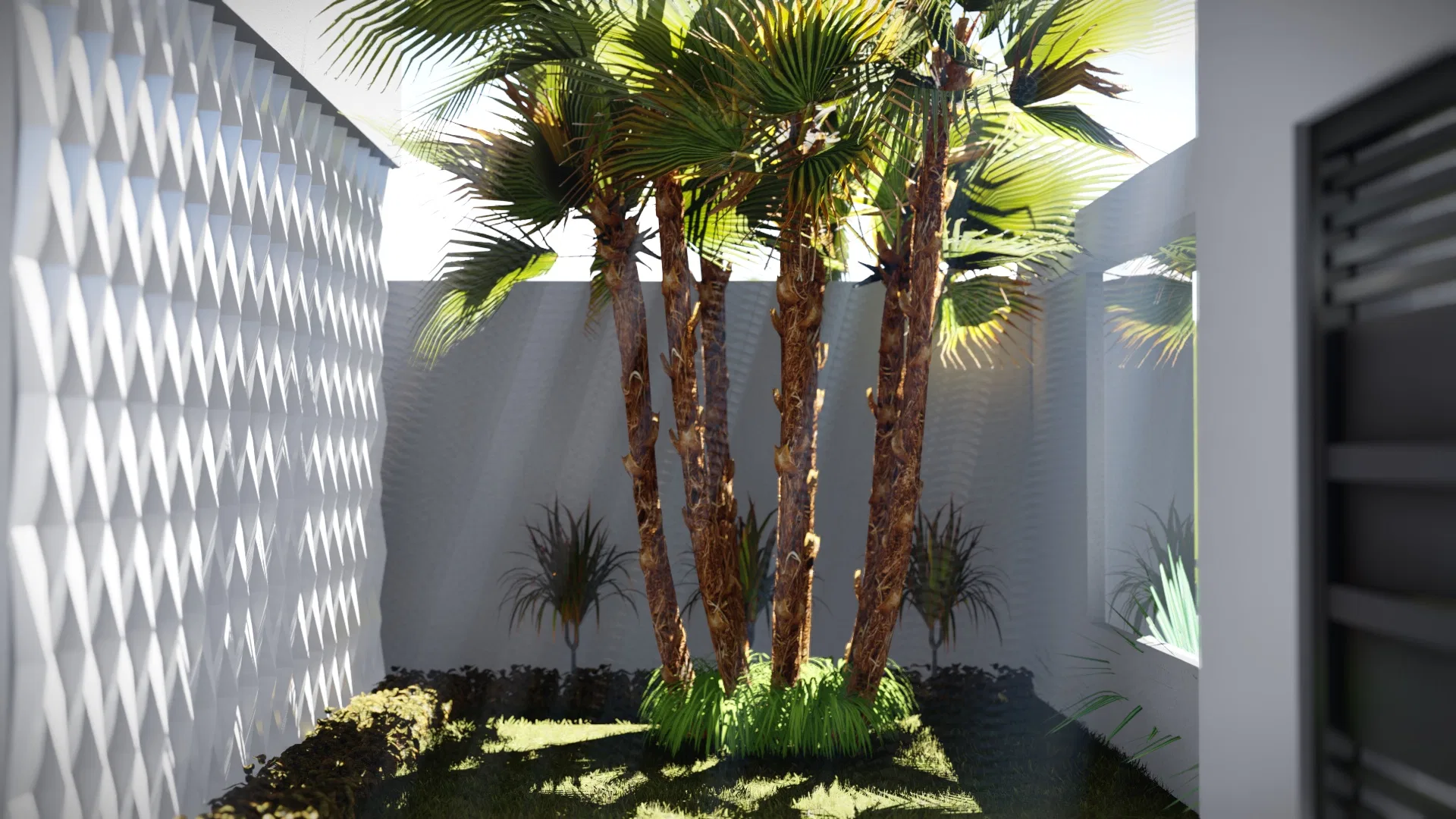 Internal courtyard with a clump of fibrous-trunked fan palms over grass, enclosed by geometric-relief walls and a metal grille