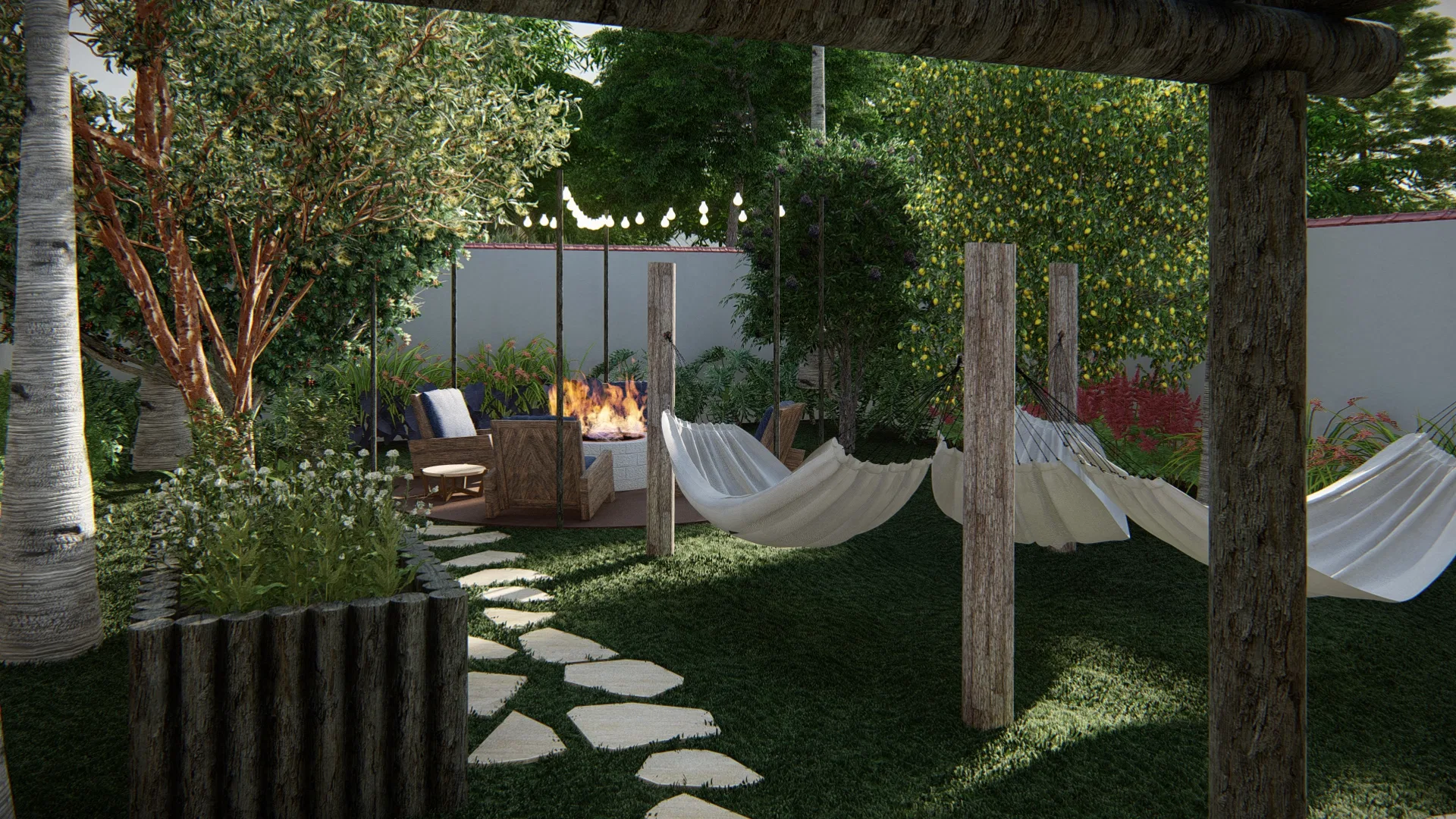 Shaded seating area with hammocks strung between timber posts, a central fire pit and string lights among the trees