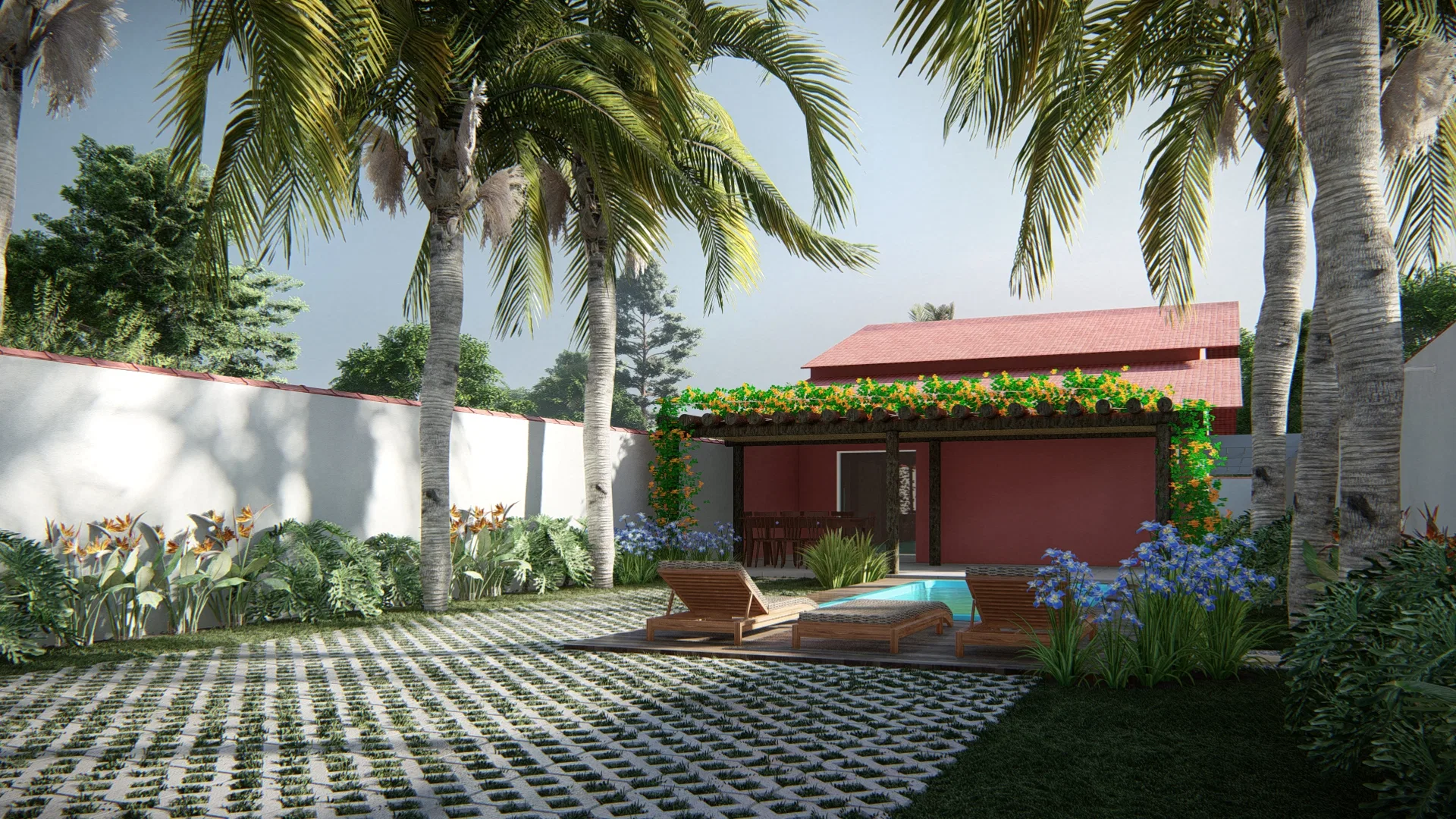 Backyard with a pool framed by palm trees, a flowering pergola along the red facade and wooden loungers