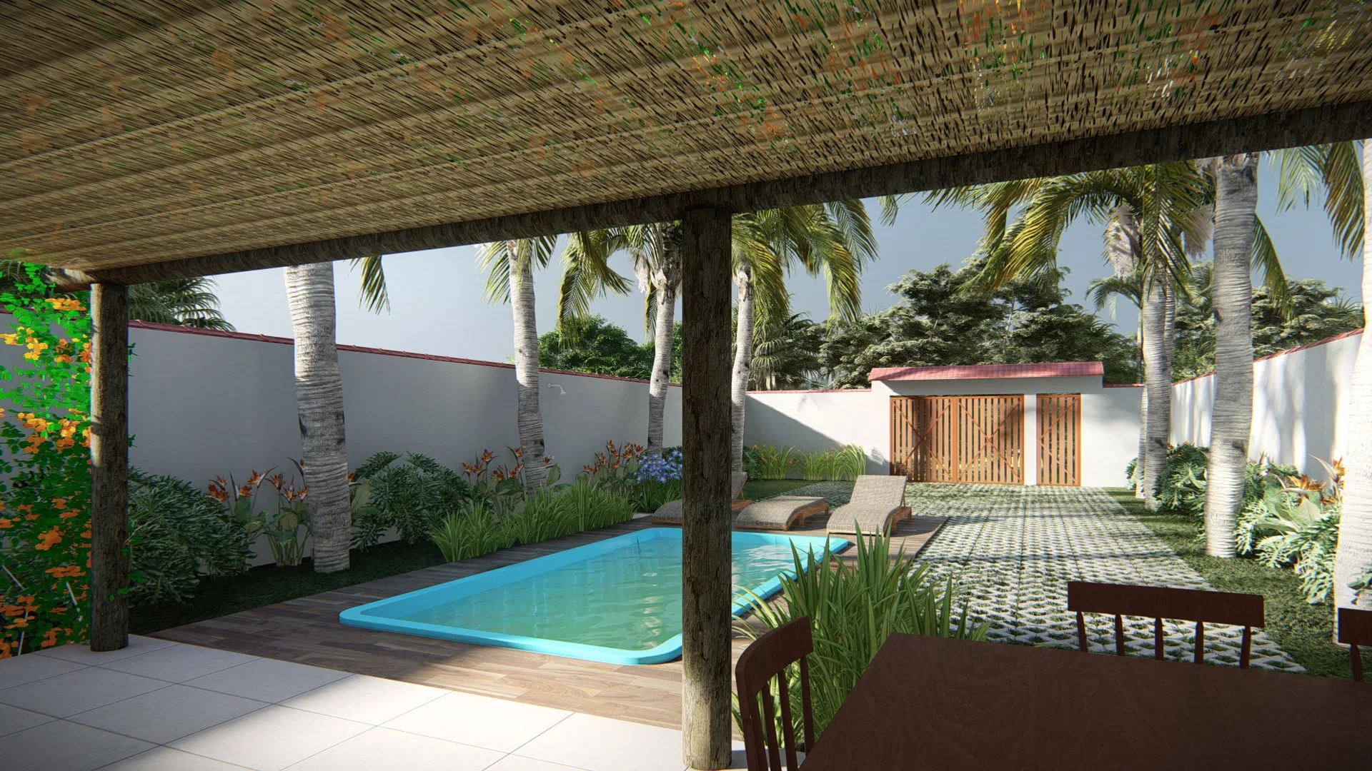 Pool area shaded by a wood-slat pergola, surrounded by palm trunks with a dining table and chairs beyond