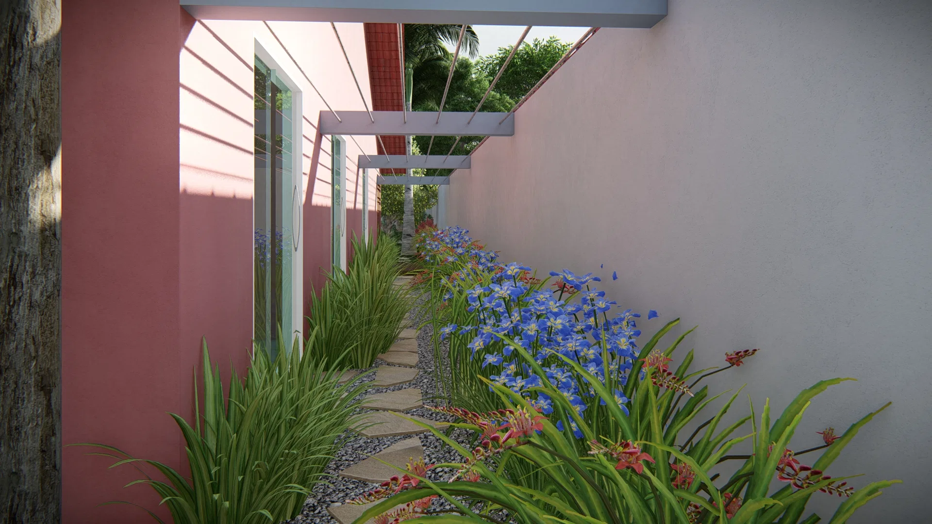 Narrow side passage between pink and white walls with a bed of blue flowers and red foliage beneath a pergola