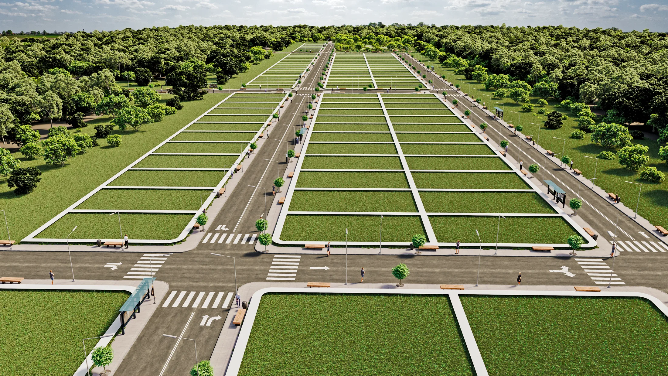 Aerial perspective of the urbanized blocks, with wide avenues, a bus shelter, benches and young trees along the sidewalks