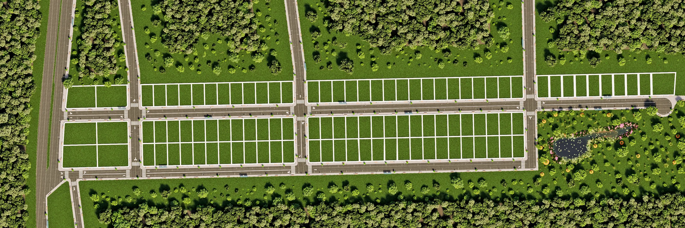 Near-vertical view of the development layout, with marked lots, a grid of streets, perimeter planting and a small pond in the corner