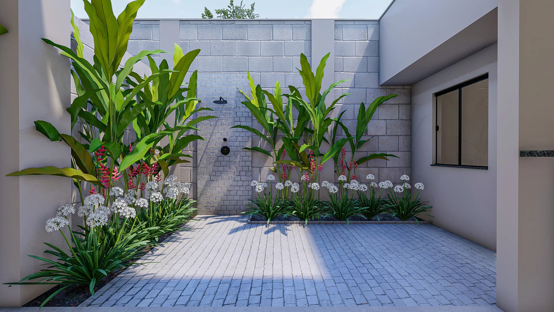 The same courtyard with denser planting — broad tropical leaves, spherical white blooms and red flower spikes surrounding the shower by the block wall