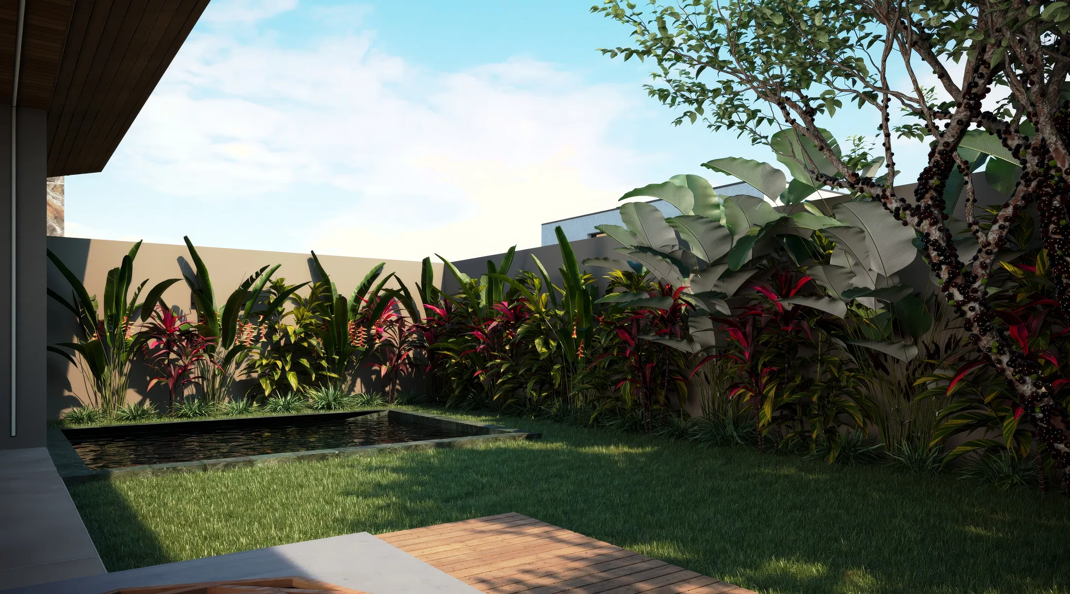 Garden view with a water blade, lawn and a mass of tropical foliage framing a timber deck
