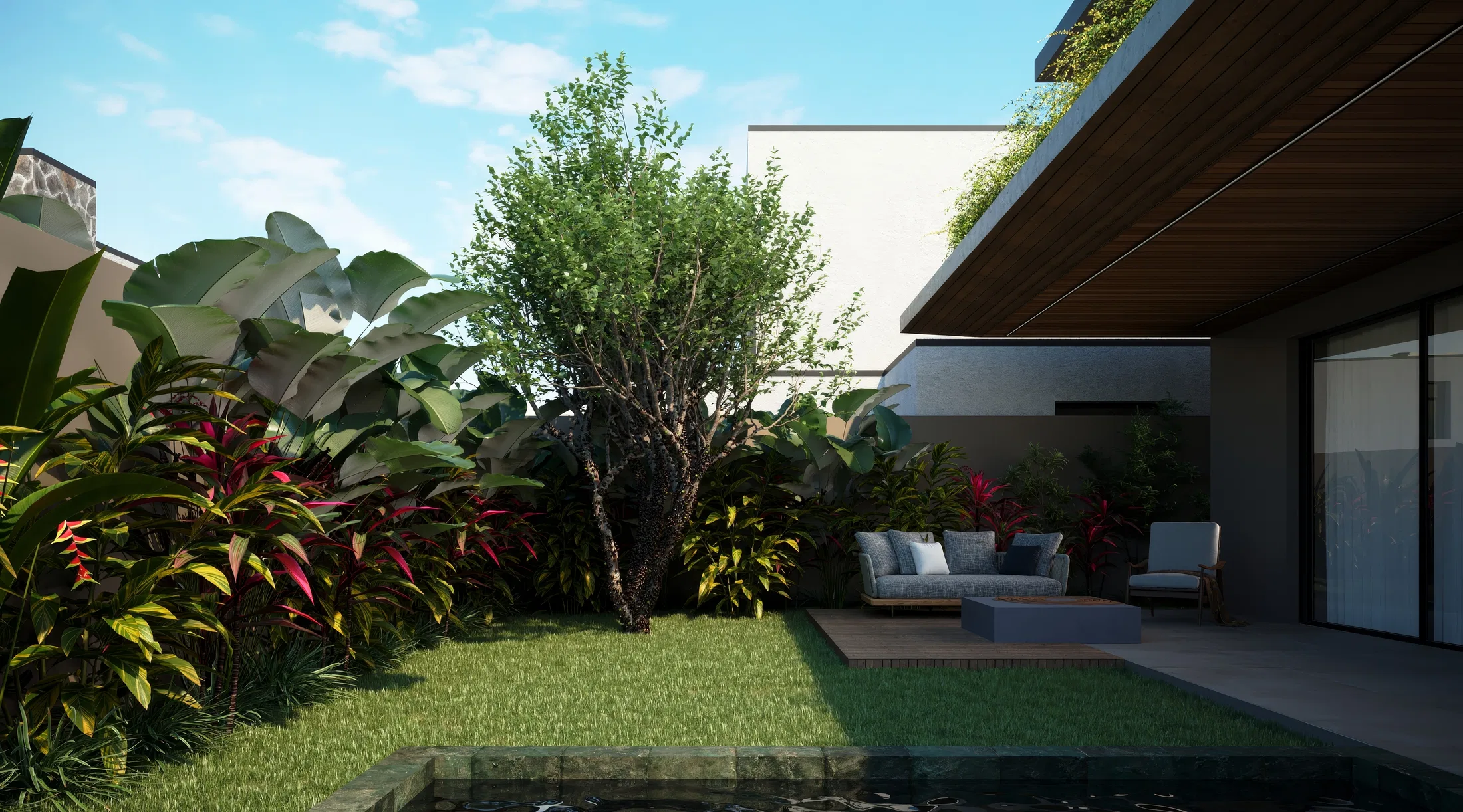 Grassed inner courtyard with a small pool, an outdoor sofa by the glass doors and a mass of foliage under a timber eave