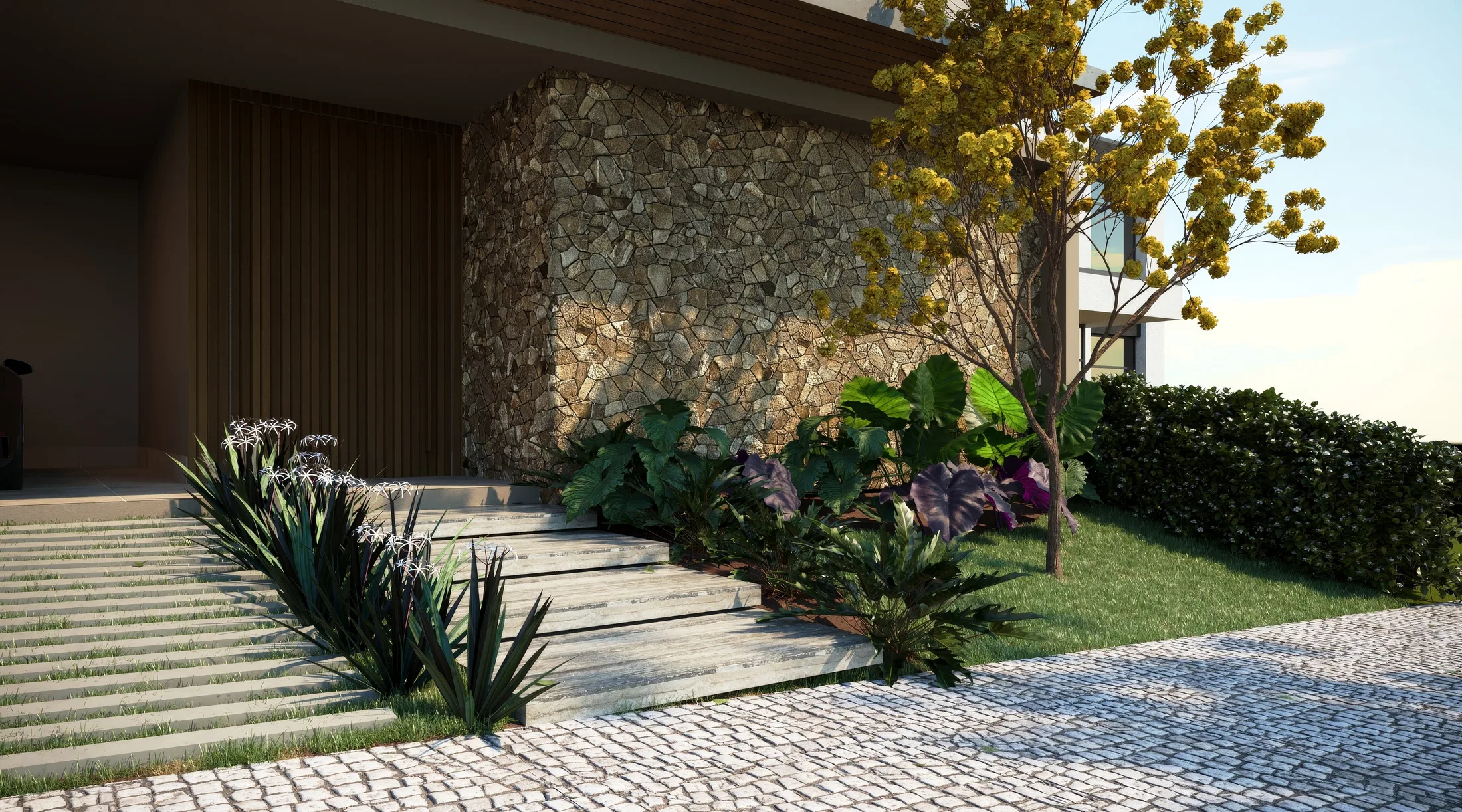 Entrance approach with a stone-clad wall, steps and a stepping-stone path over grass, agaves and mosaic-stone paving