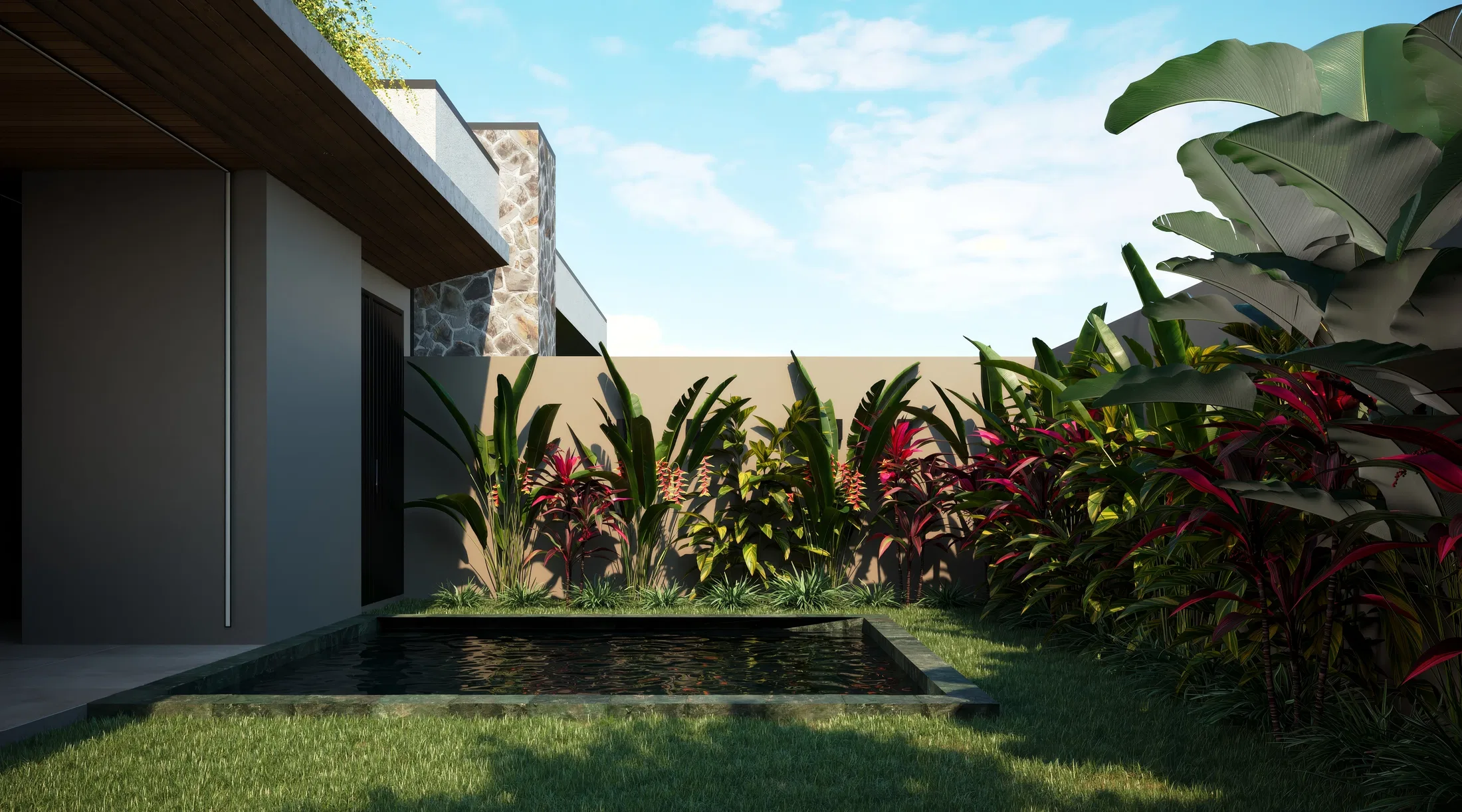 Rectangular water mirror beside the house, with a tropical bed of coloured leaves and banana plants against the stone wall
