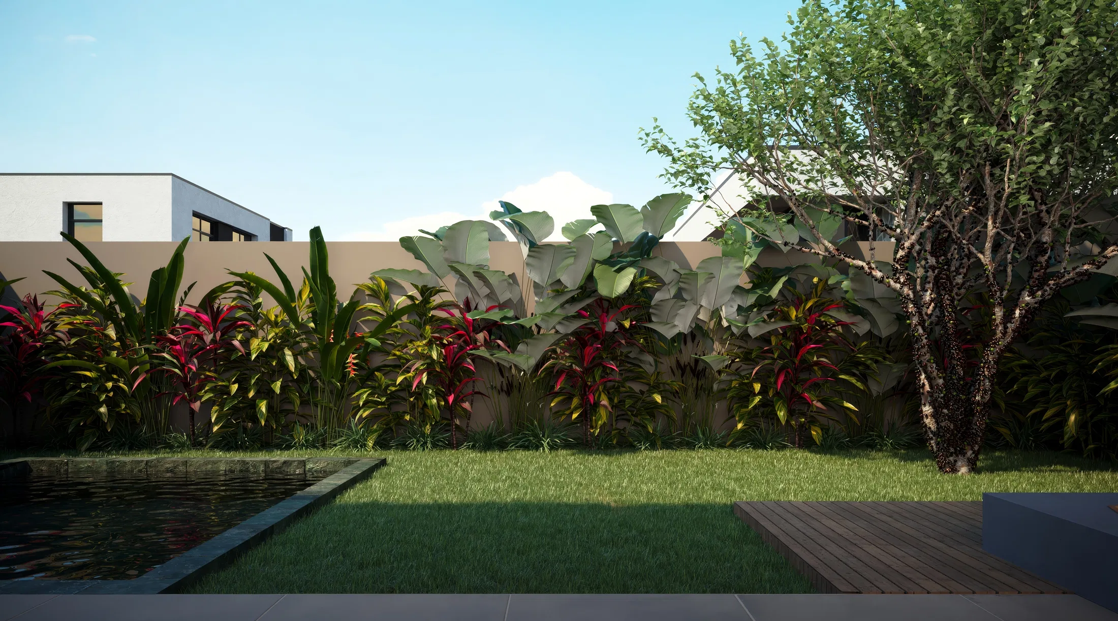 Rear garden with a dark reflecting pool, a band of tropical foliage along the boundary wall and a timber deck edge