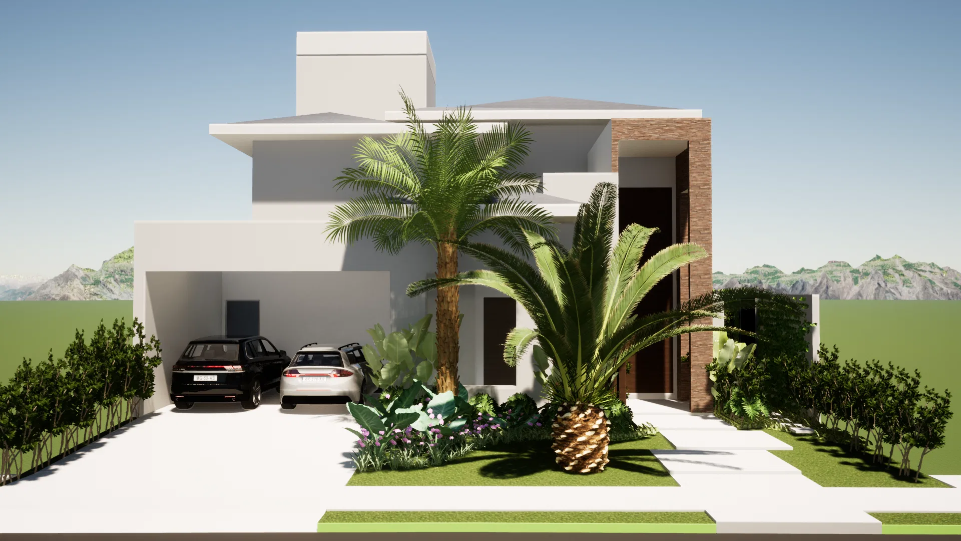 Facade of a white modern house with a stone-clad entry volume, a carport with two cars, sculptural palm trunks and tropical foliage over pale paving.