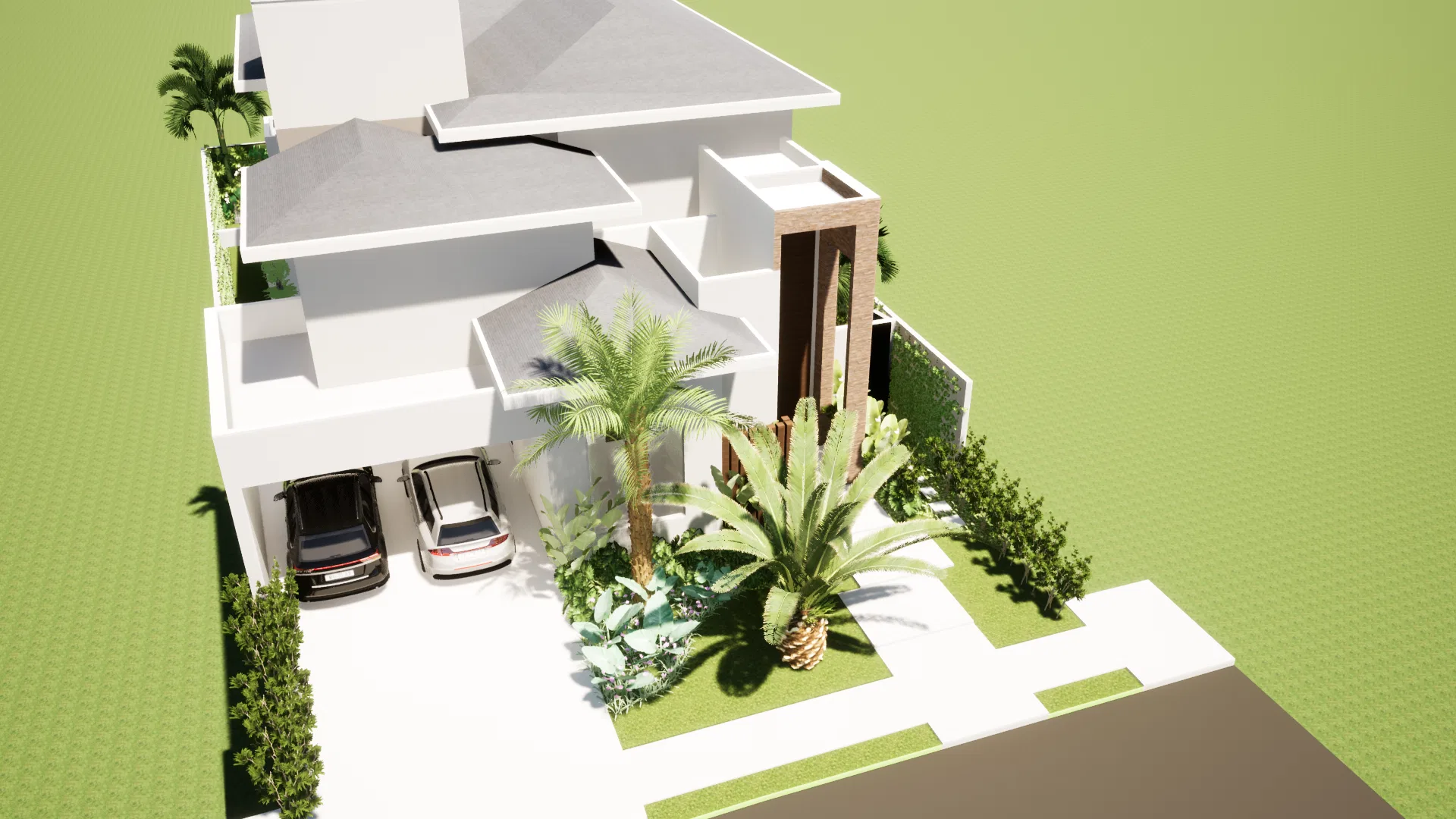 Aerial view of the residence showing the roof, the carport with cars, the palm-filled entry garden and planting along the sides of the plot.