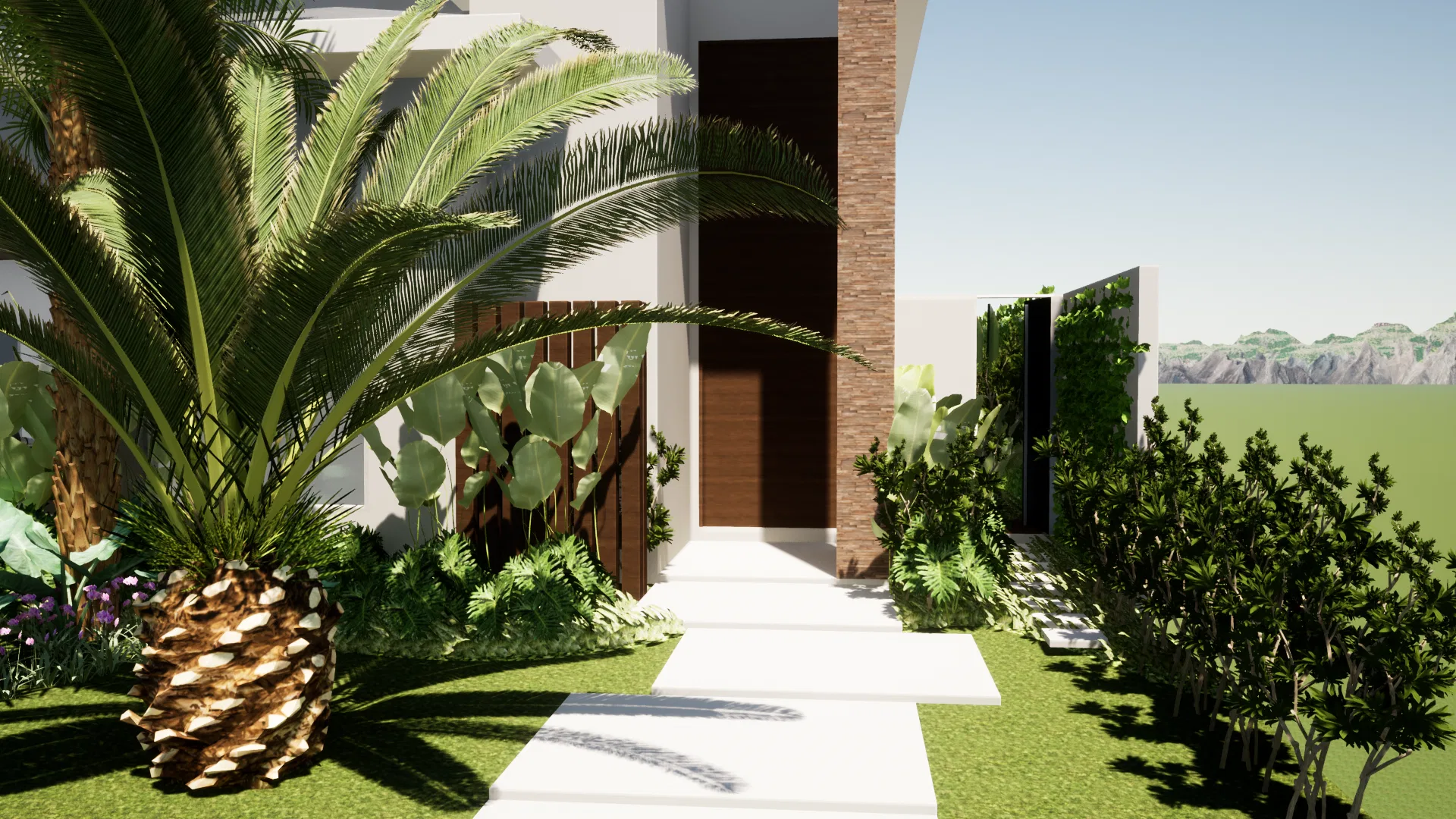 Pale-paved path to the timber front door, flanked by palms, cacti and tropical foliage, with an ivy-covered wall alongside.