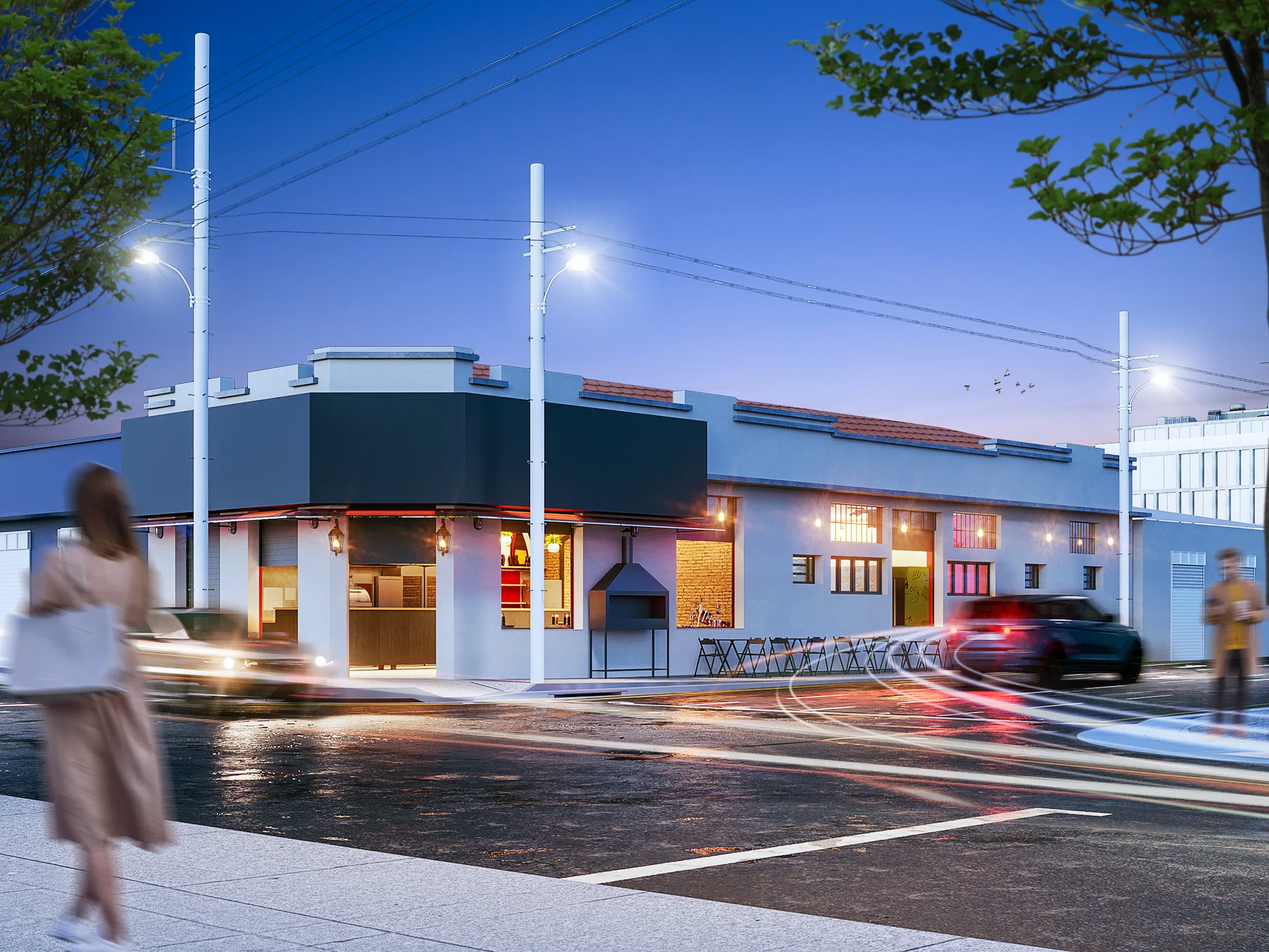 Corner bar facade at dusk, warm light spilling from the openings, a visible oven and headlight trails on the wet street