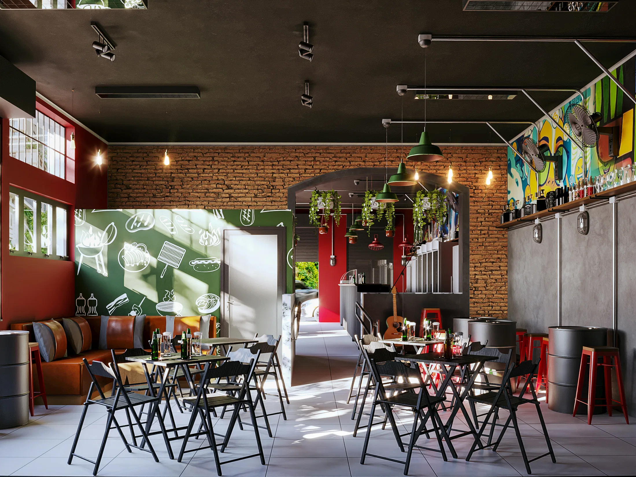 Bar room with an exposed-brick wall, a green chalk-illustrated mural, green pendant lamps and bistro tables with black folding chairs