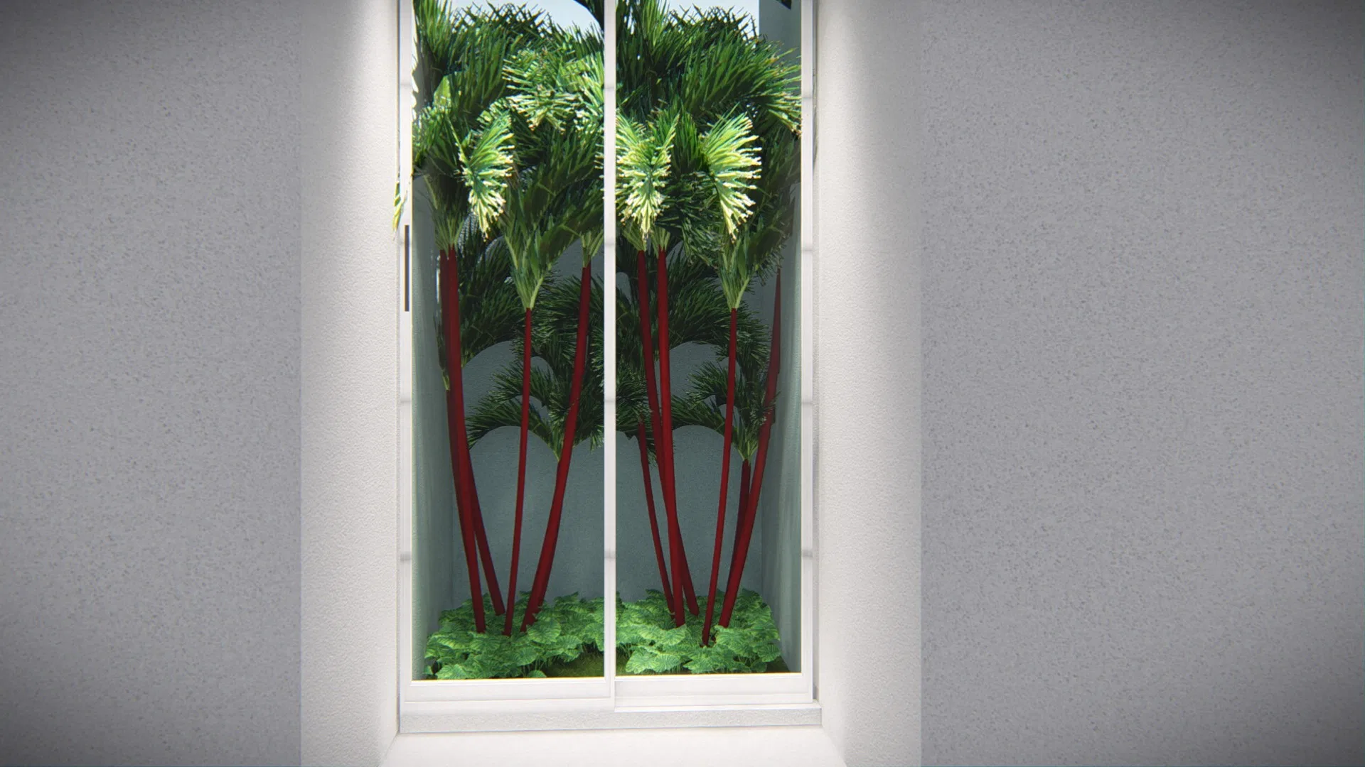 Glazed display window framing an indoor garden of red-stemmed palms over green groundcover, against a smooth white wall