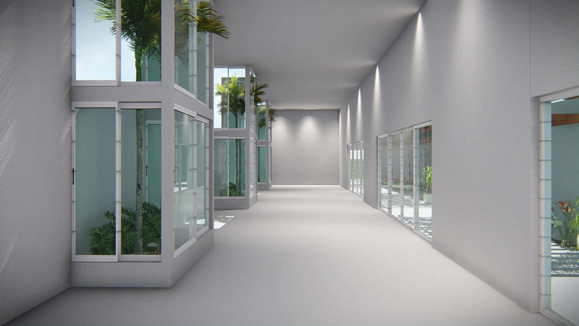 White interior hall with gardens framed by glass like display cases, palms behind, recessed ceiling lights and a continuous pale floor