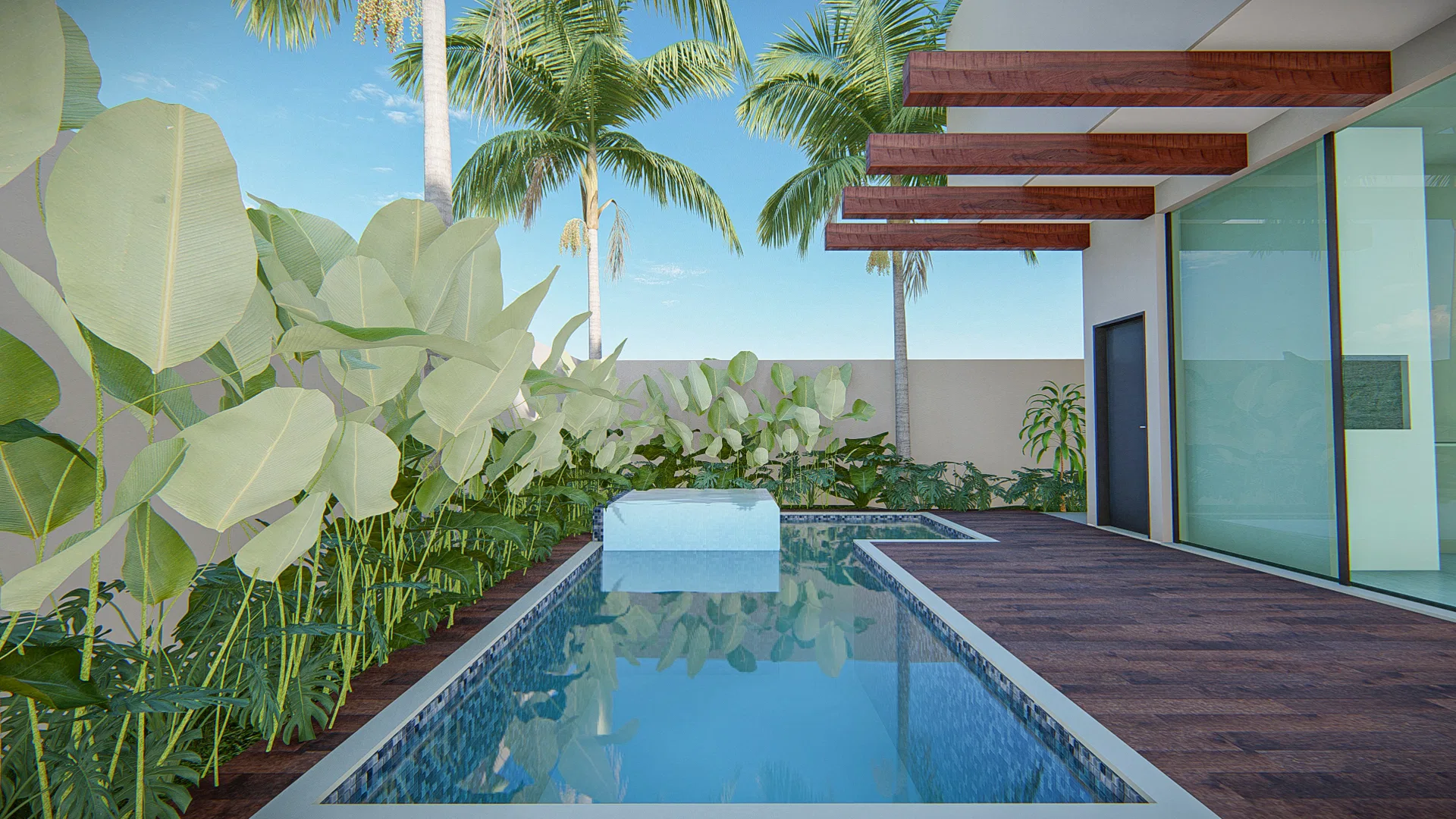 Long, narrow pool beside a wood deck, under a beamed pergola and surrounded by palm trees