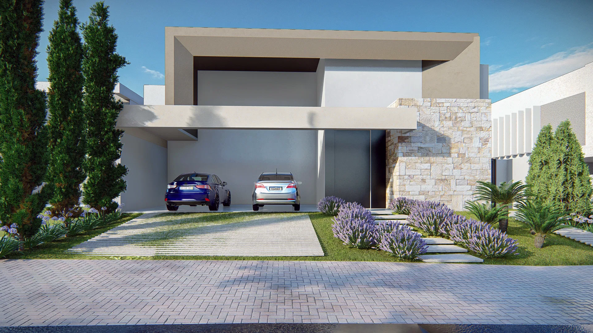 Front facade of a contemporary house with a covered two-car garage and stone cladding at the entrance