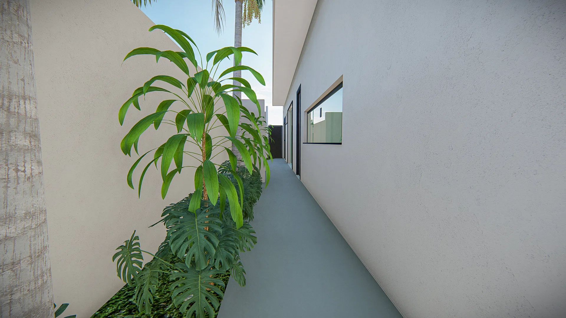 Narrow side corridor between walls, with a continuous planter of foliage and a window in the background