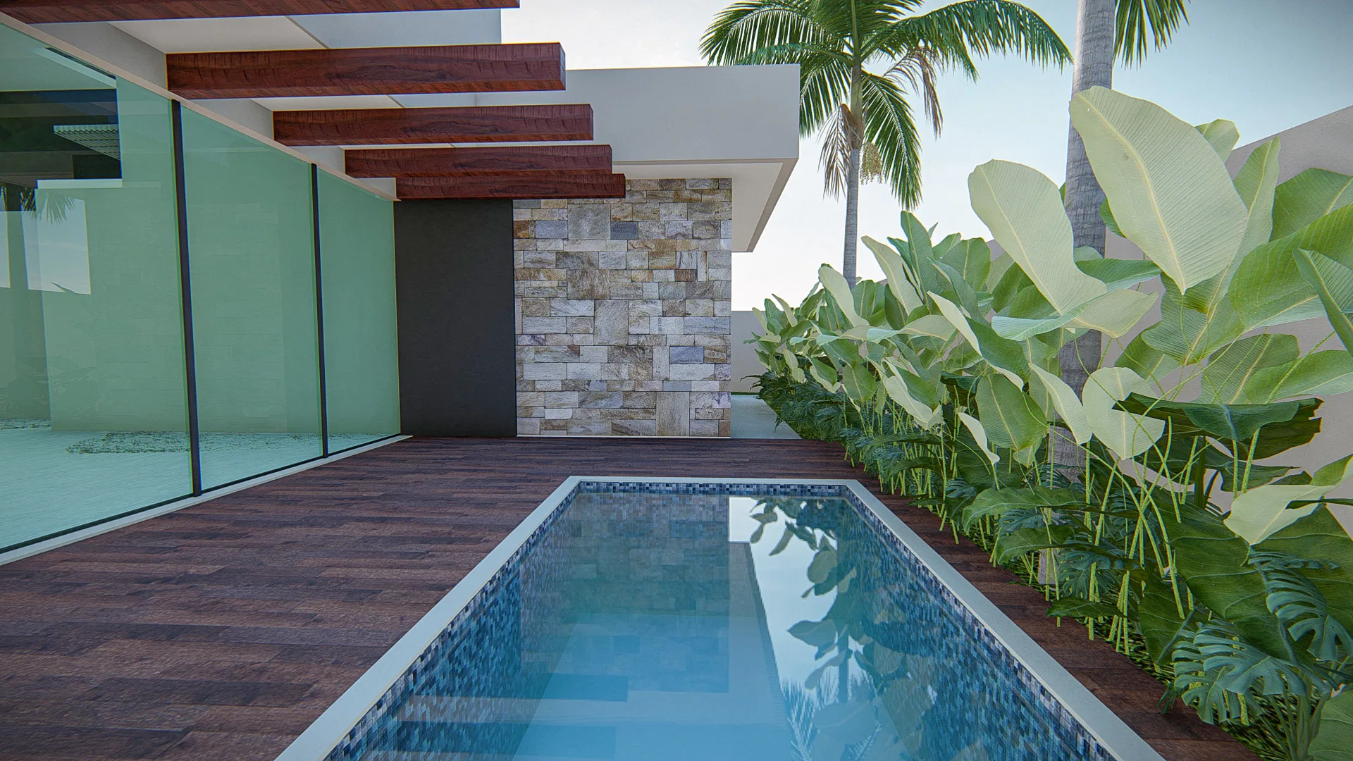 Angled view of the pool with a stone panel in the background, wood beams and dense tropical foliage