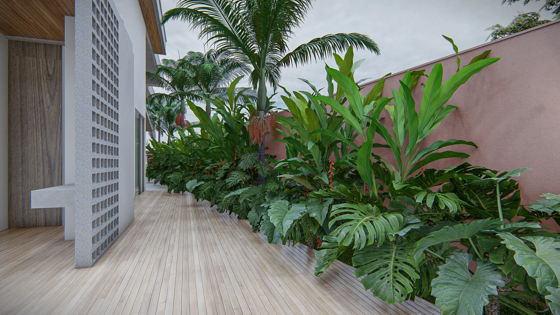 Timber-decked corridor lined by a built-in planter with dense tropical foliage against the facade