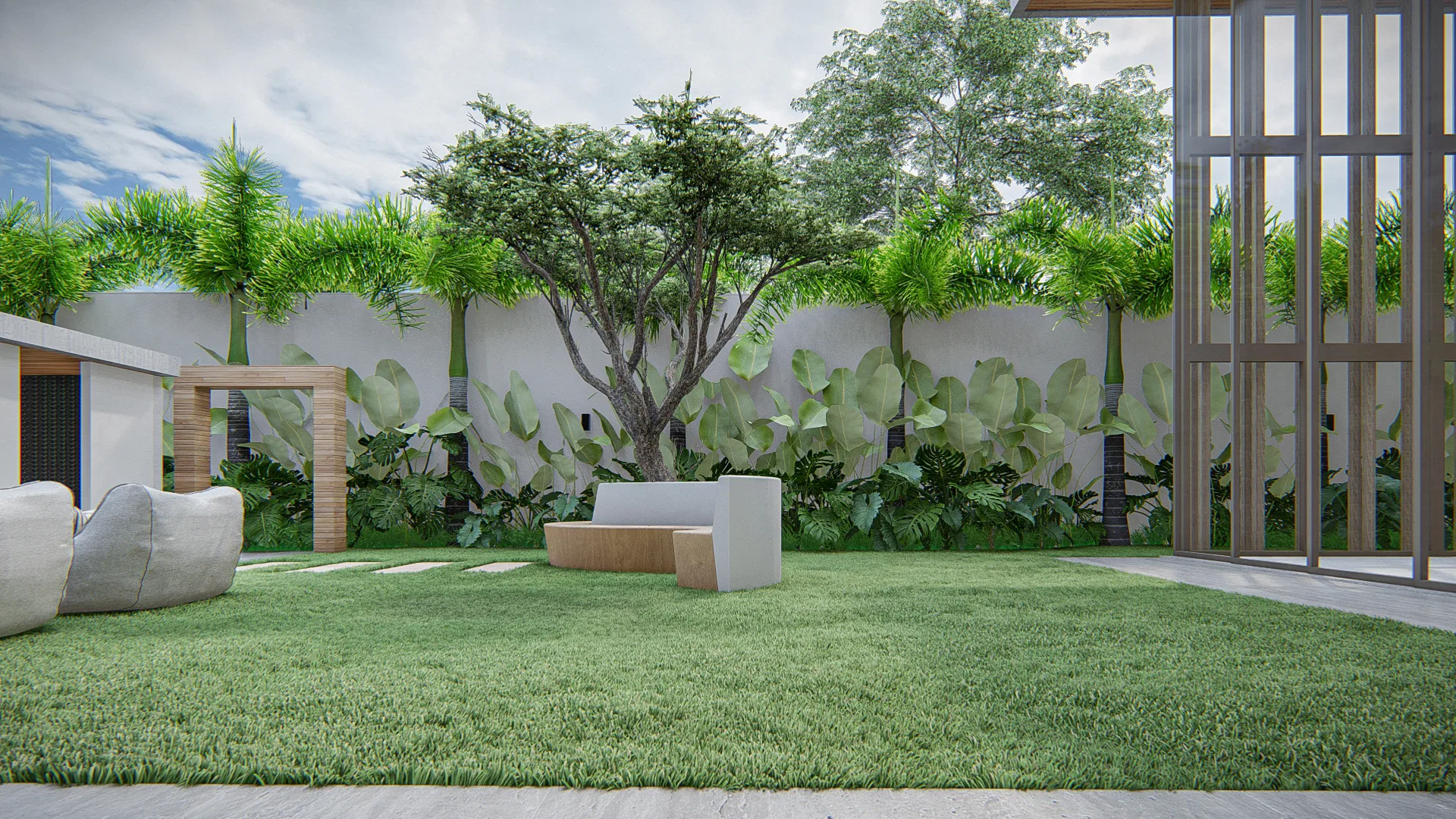 Lawned back garden enclosed by a wall lined with palms, with a central tree, concrete benches and a timber pergola
