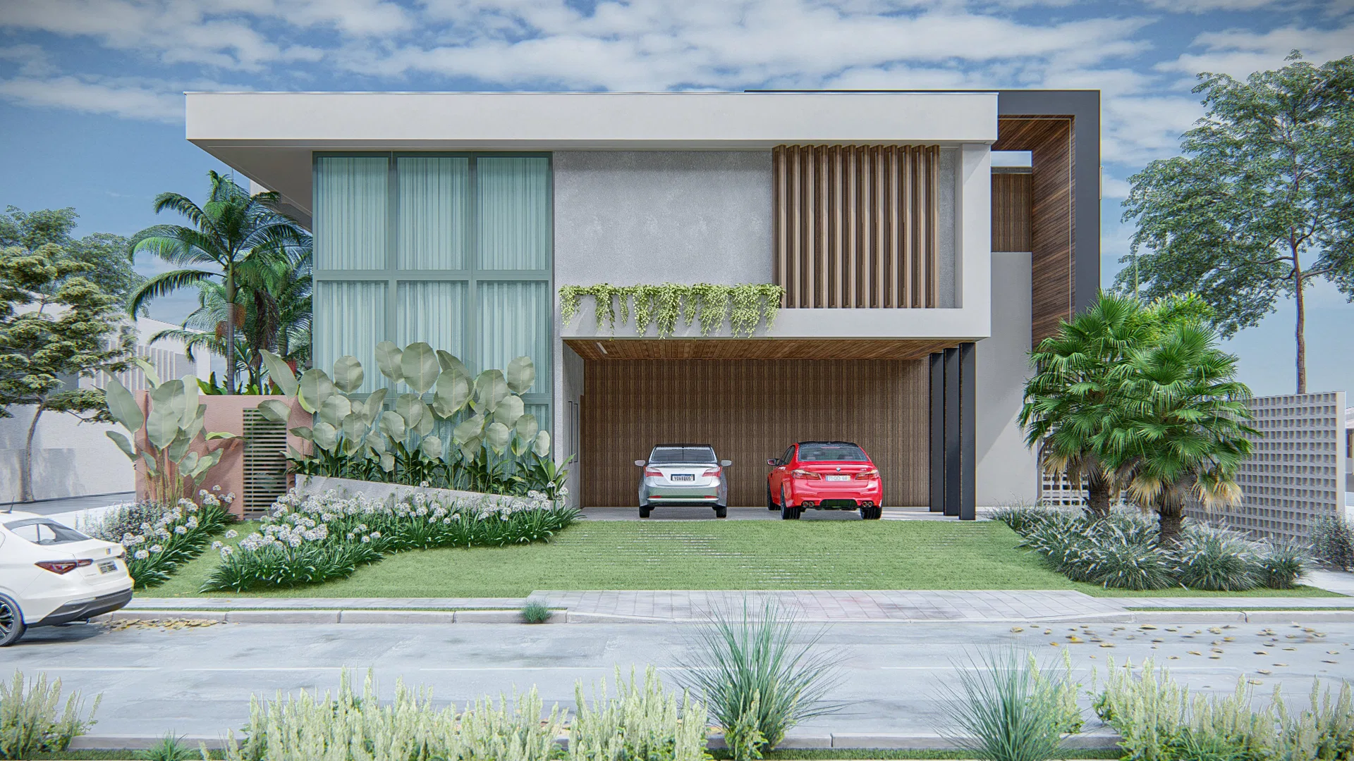 Daytime facade in cementitious cladding with vertical timber brise-soleil, a two-car garage and a garden of palms and foliage