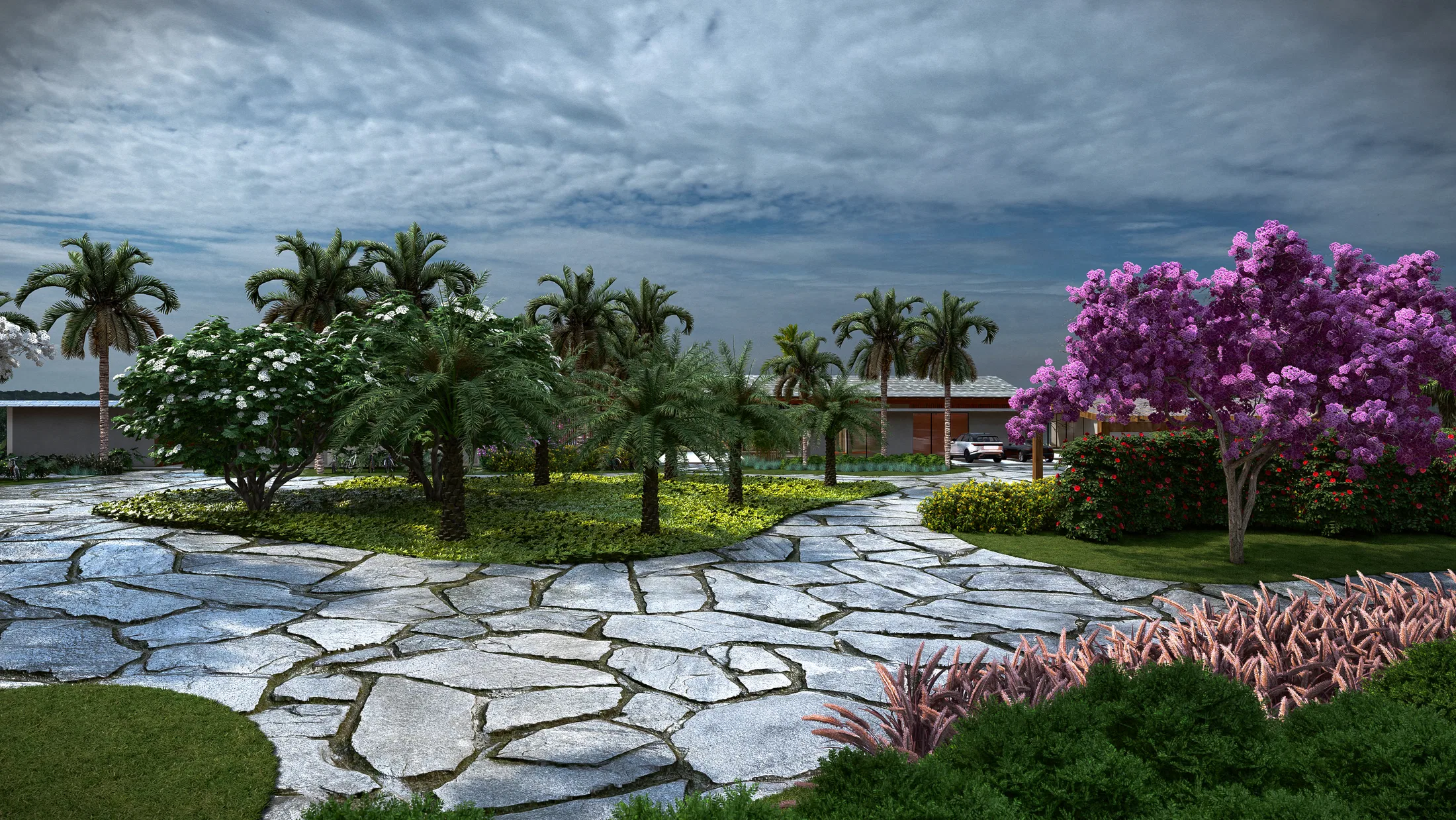 Stone path beneath white and purple flowering canopies, lined with palm trees, leading to a driveway in the background