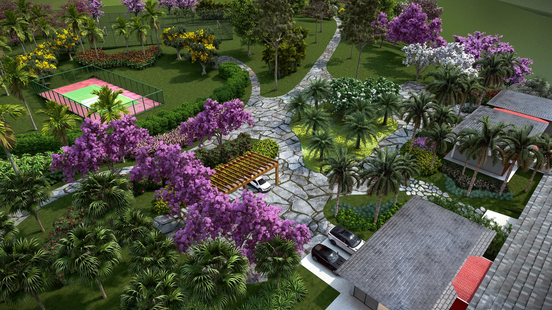 Aerial view of the residential complex with a tennis court, an access pergola, parked vehicles and winding paths through the gardens