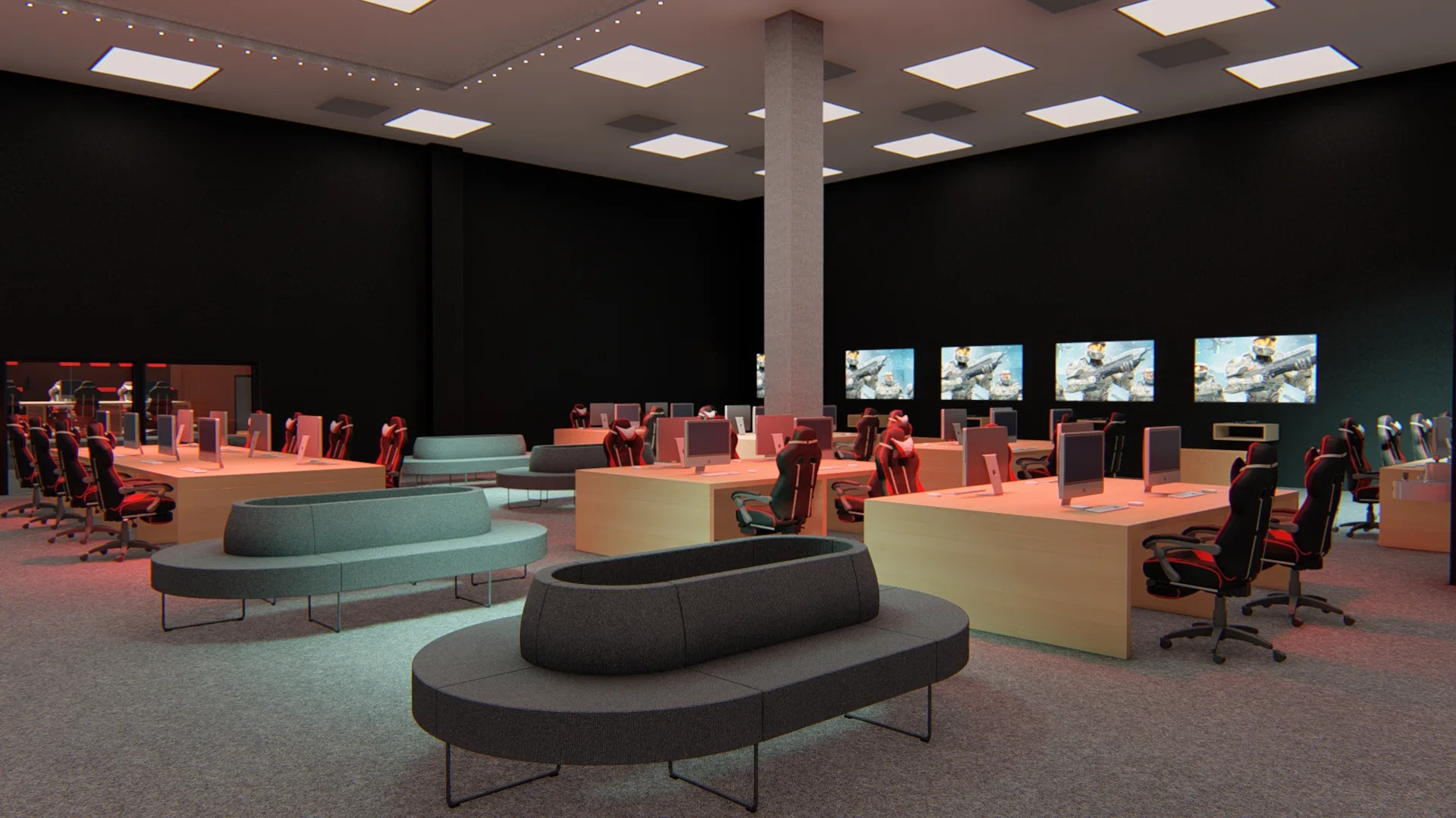 Gaming lounge with individual stations on wooden desks, red-and-black gaming chairs, curved modular benches and lit screens.
