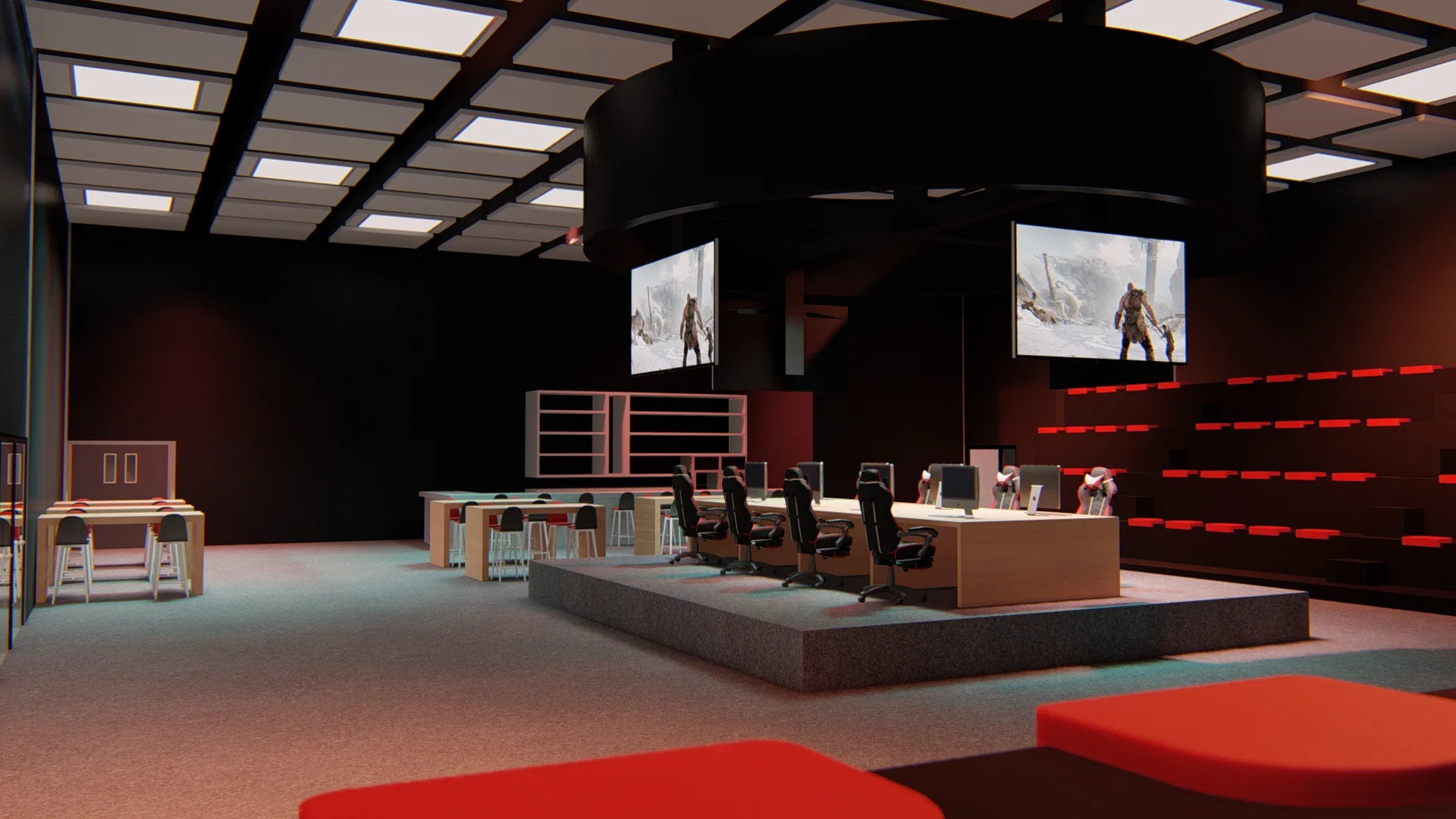 E-sports arena with a raised stage of gaming stations, two large screens, a circular light rig and red-lit tiered seating in the dark.