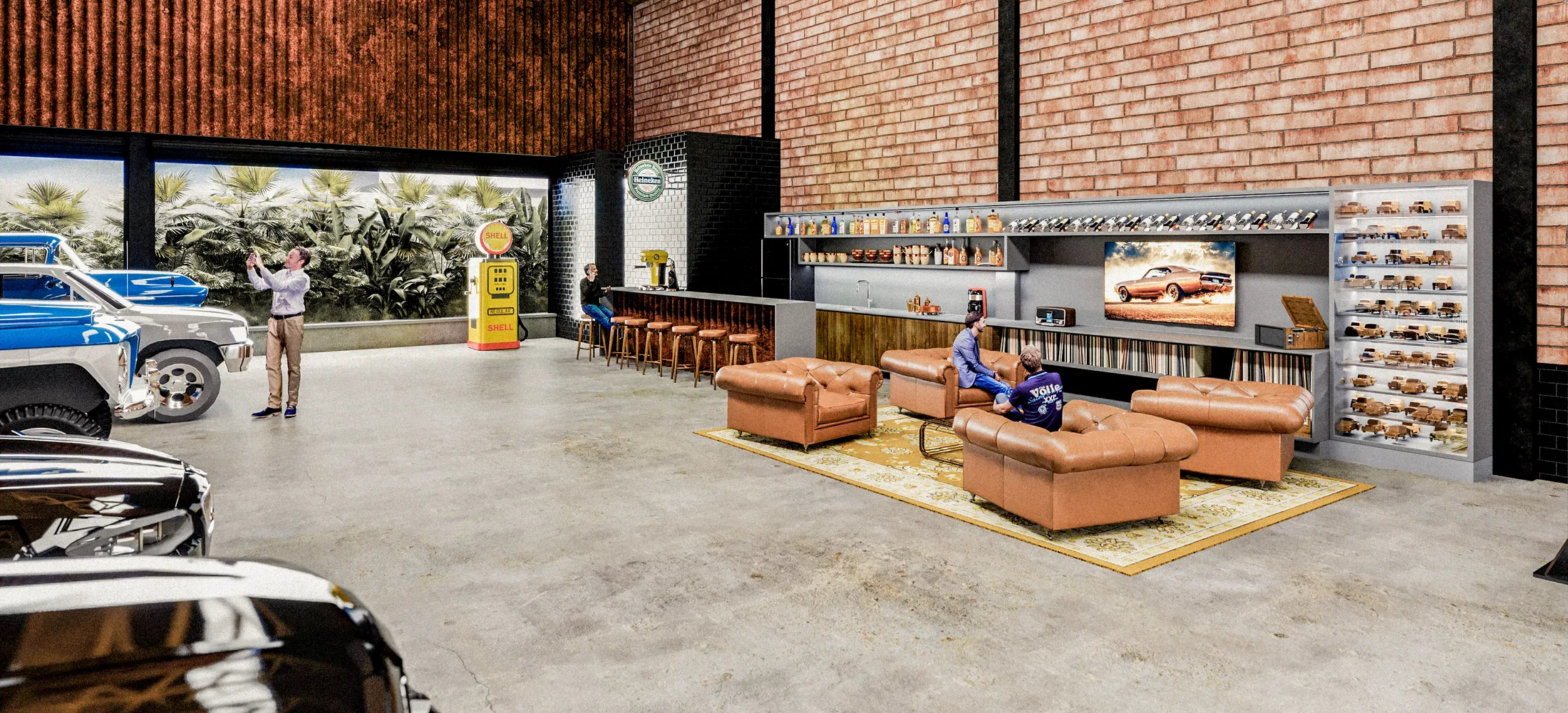 Interior lounge with caramel leather armchairs on a rug, a vintage fuel pump, a bar with stools and shelves of model cars.