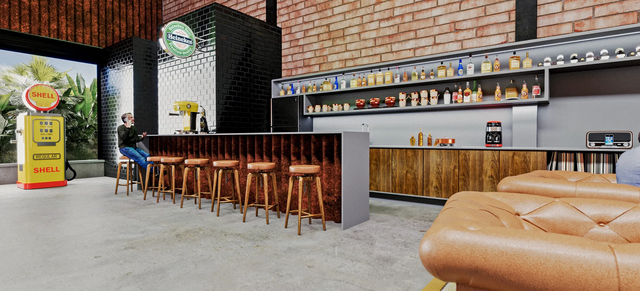 Bar detail with a wooden counter, tall leather stools, bottle shelves, retro signage and a vintage fuel pump.