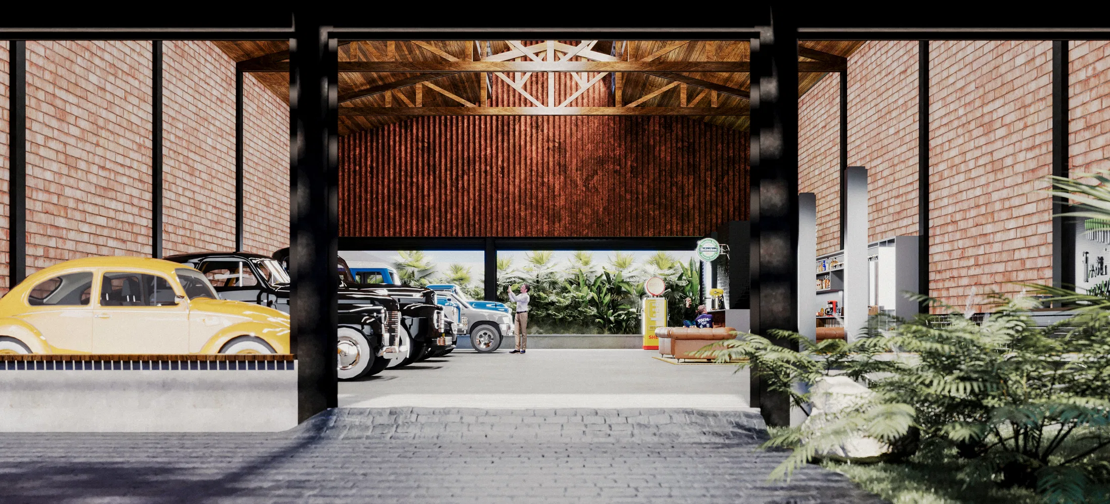Open entrance revealing the interior with a fan-shaped timber truss, classic cars, a yellow vintage car and greenery at the back.