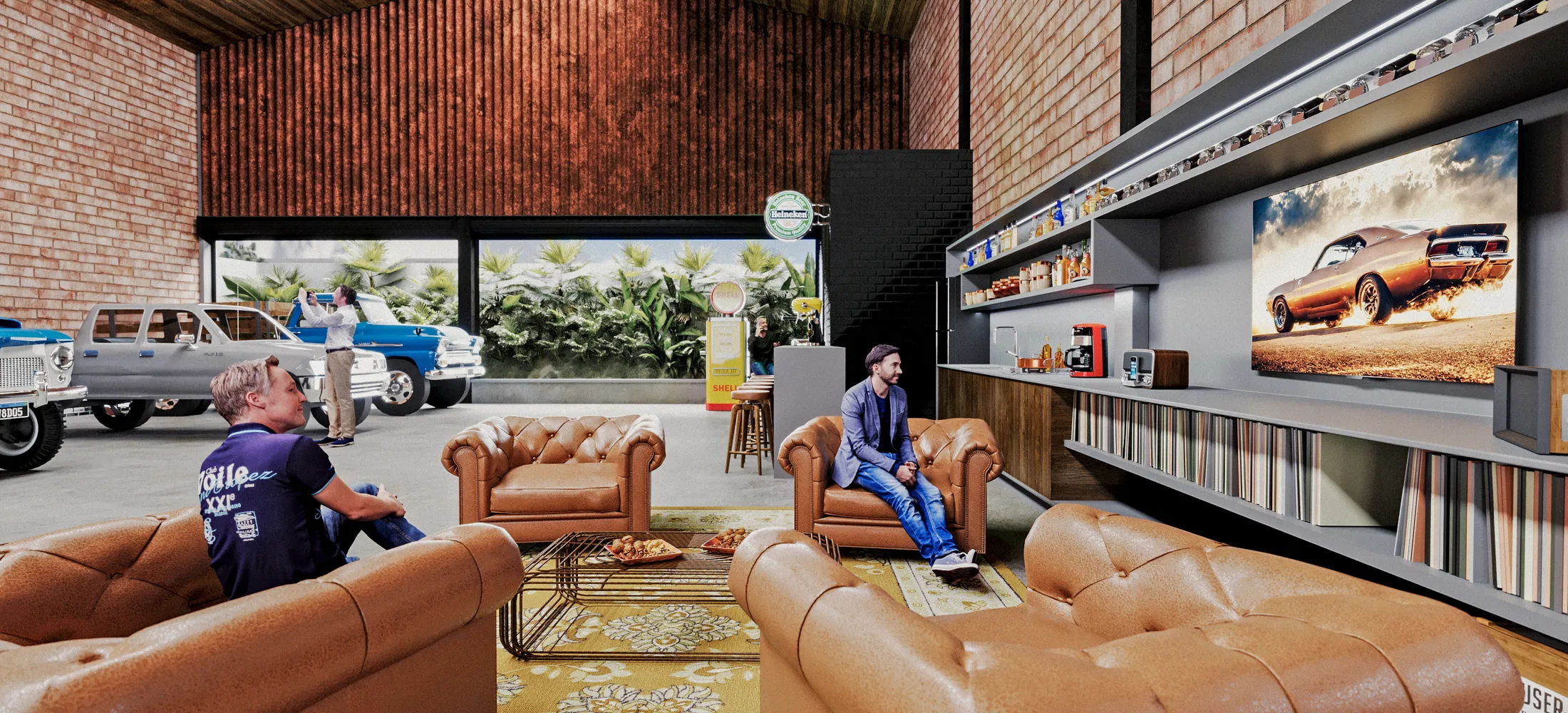 Lounge with tufted leather sofas, a rug and a large screen showing a sports car, open to the car display and outdoor greenery.
