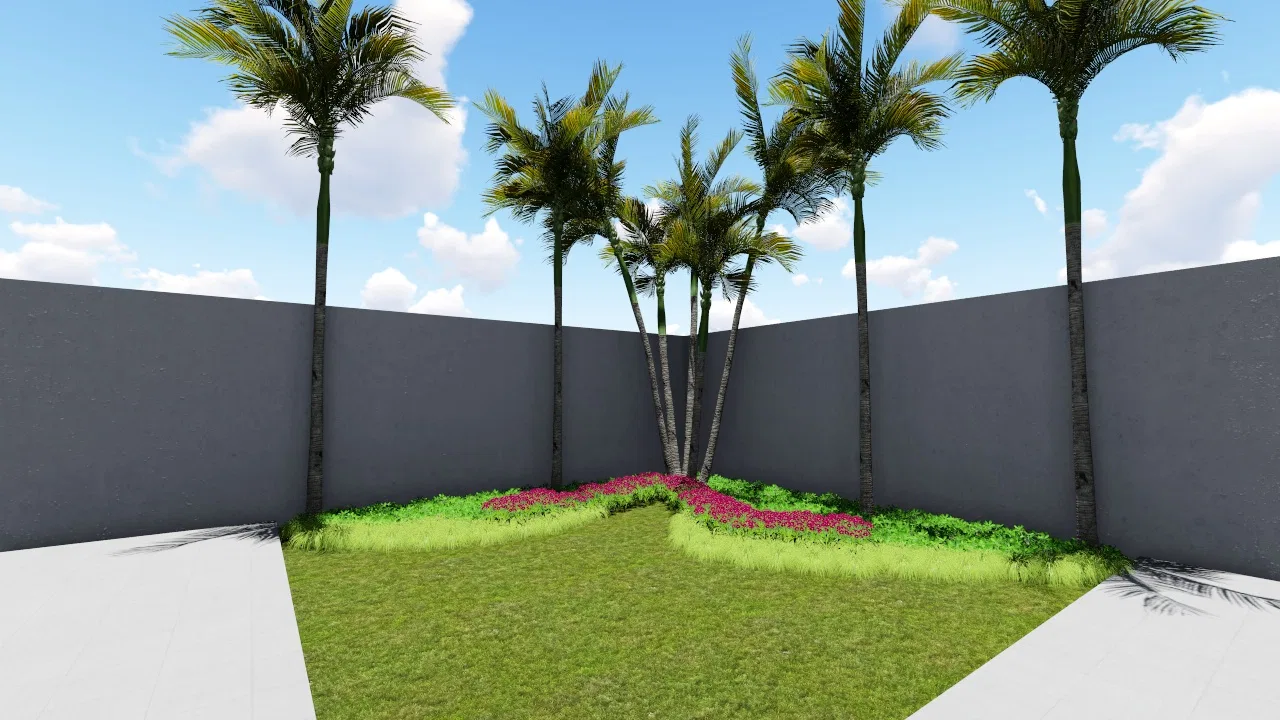 Symmetrical backyard with a central cluster of coconut palms, magenta flowering groundcover and grasses at their base, lawn and paved paths between gray walls
