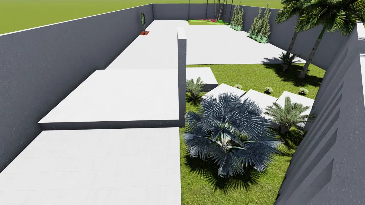 Elevated view of a paved courtyard, a strip of lawn along the wall, a bluish fan palm as focal point and smaller palms between gray walls