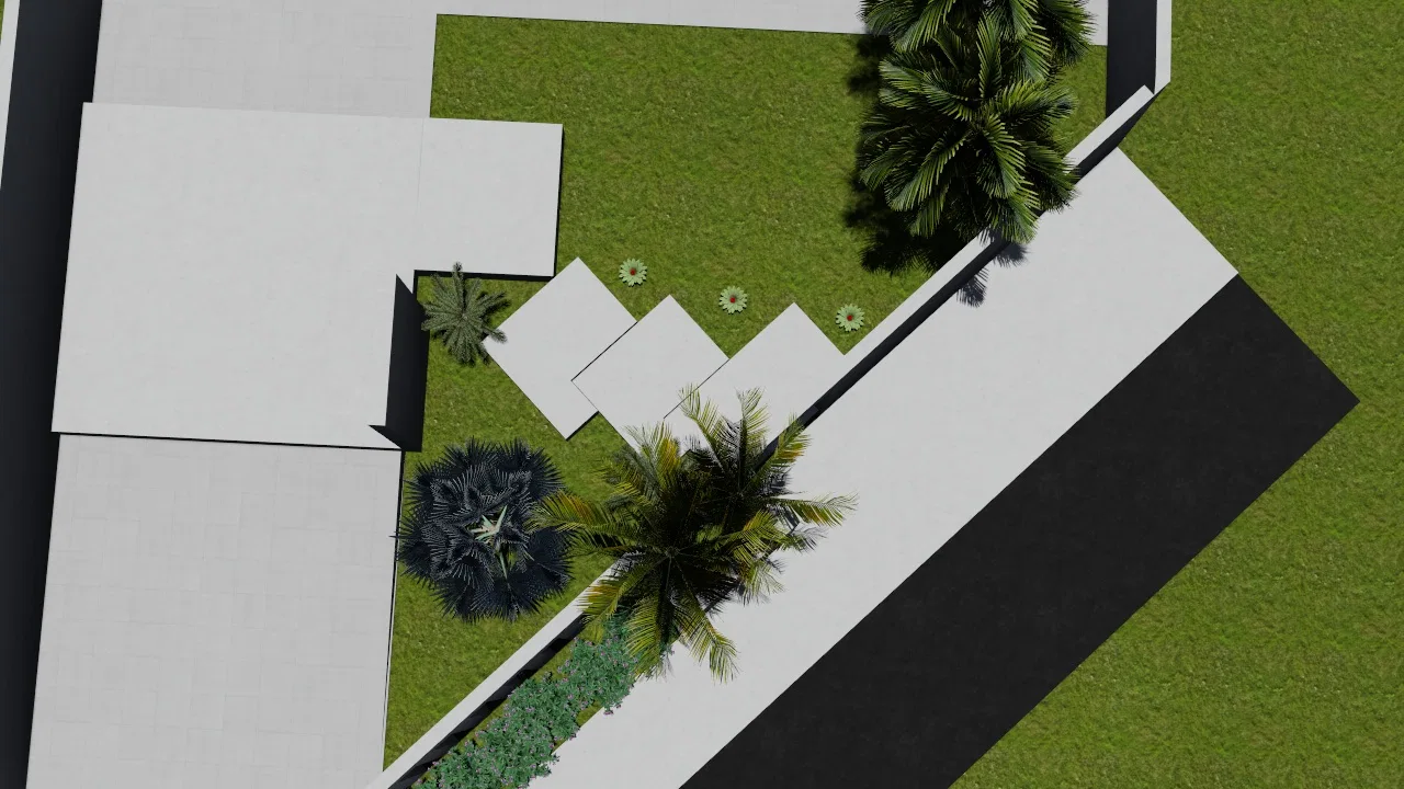 Aerial of the residence, with light roofs and patios, lawns, coconut palms, a bluish fan palm and the stone path near the dark driveway
